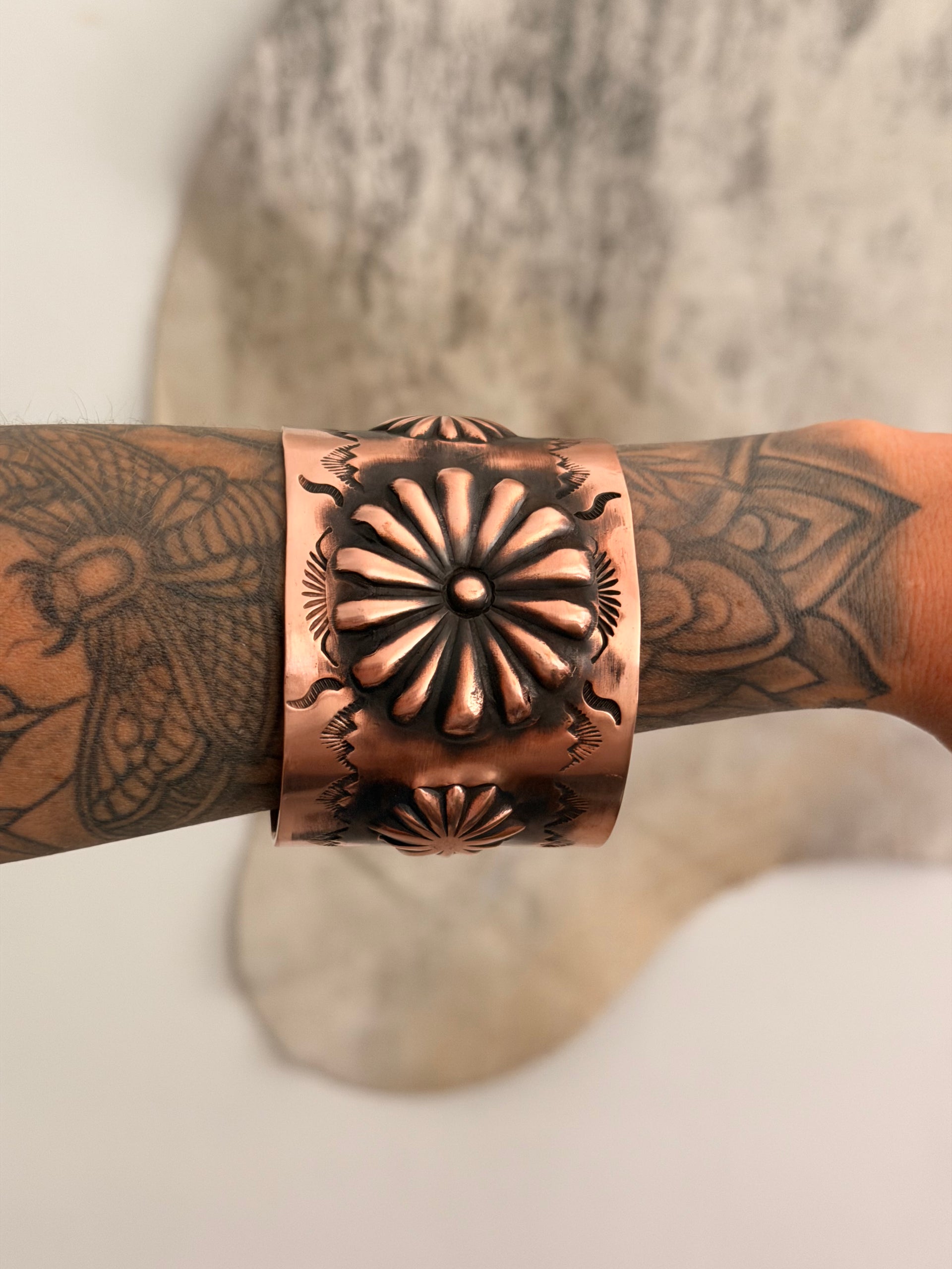 Elvira Bill Copper Stamped Concho Cuff Bracelet