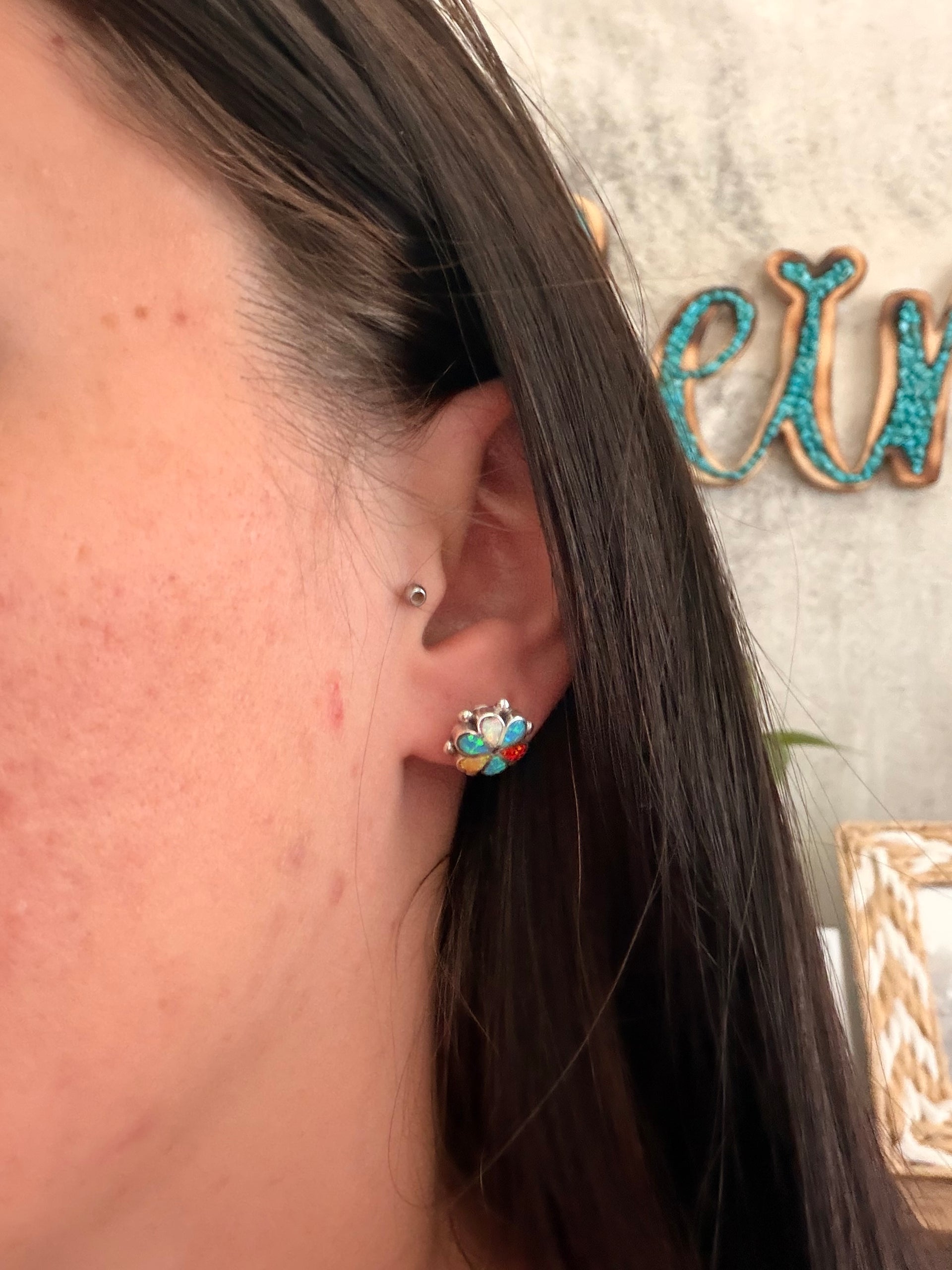 Zuni Made Multi Stone & Sterling Silver Post Inlay Earrings