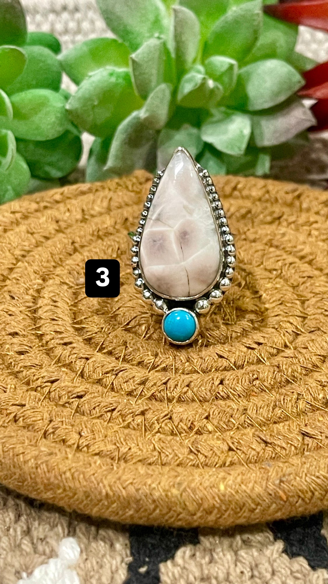 Southwest Handmade Pink Larimar With Kingman Turquoise & Sterling Silver Adjustable Ring