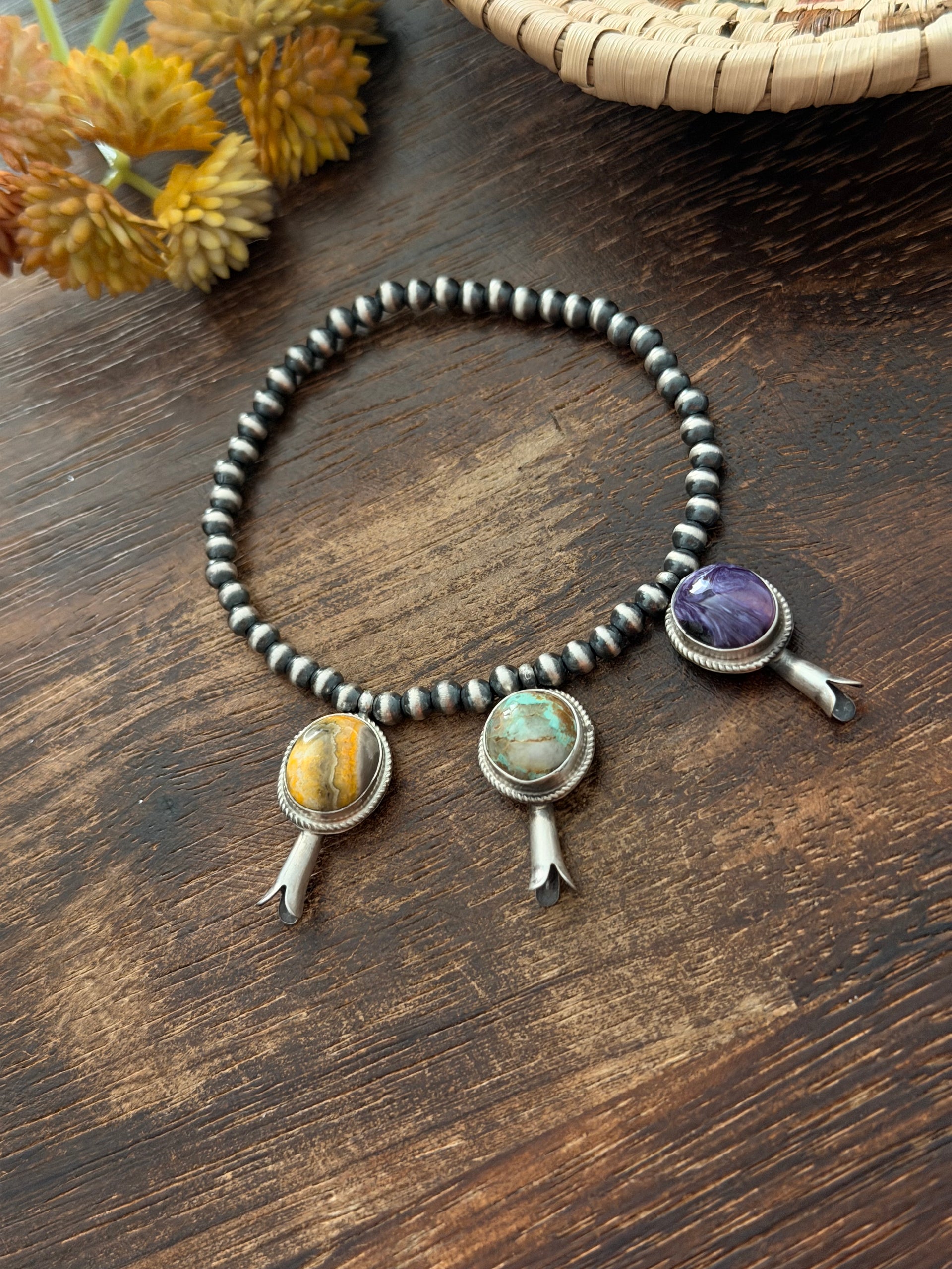 George Rios Multi Stone & Sterling Silver Hand Strung Pearl Beaded Stretch Bracelet