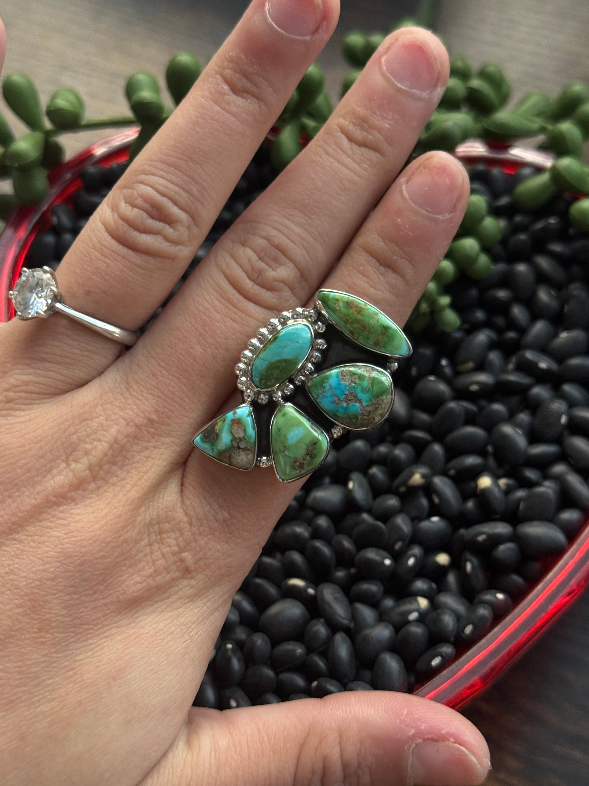 Southwest Handmade Sonoran Mountain Turquoise & Sterling Silver Adjustable Cluster Ring