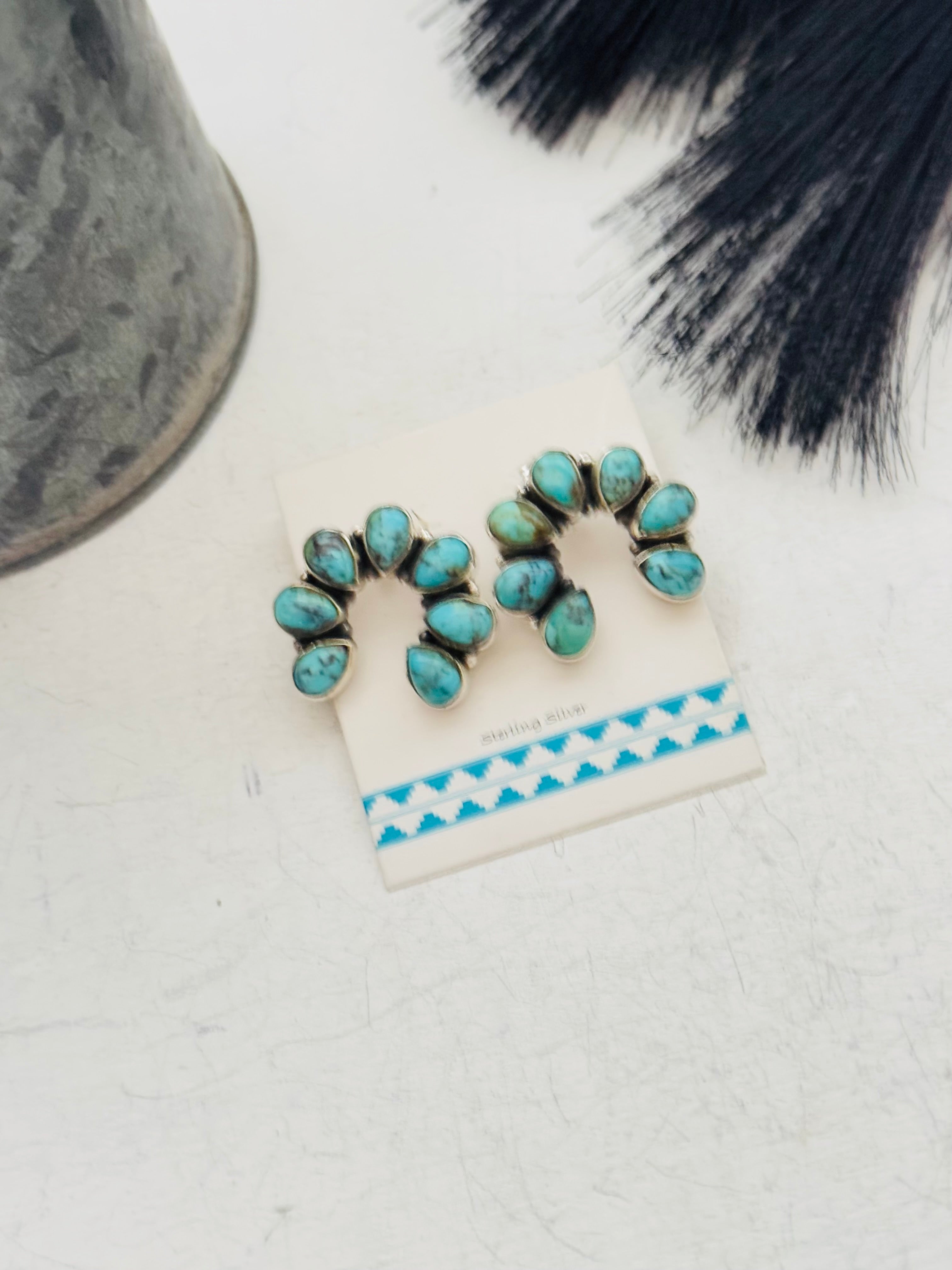 Southwest Handmade Kingman Turquoise & Sterling Silver Post Naja Cluster Earrings