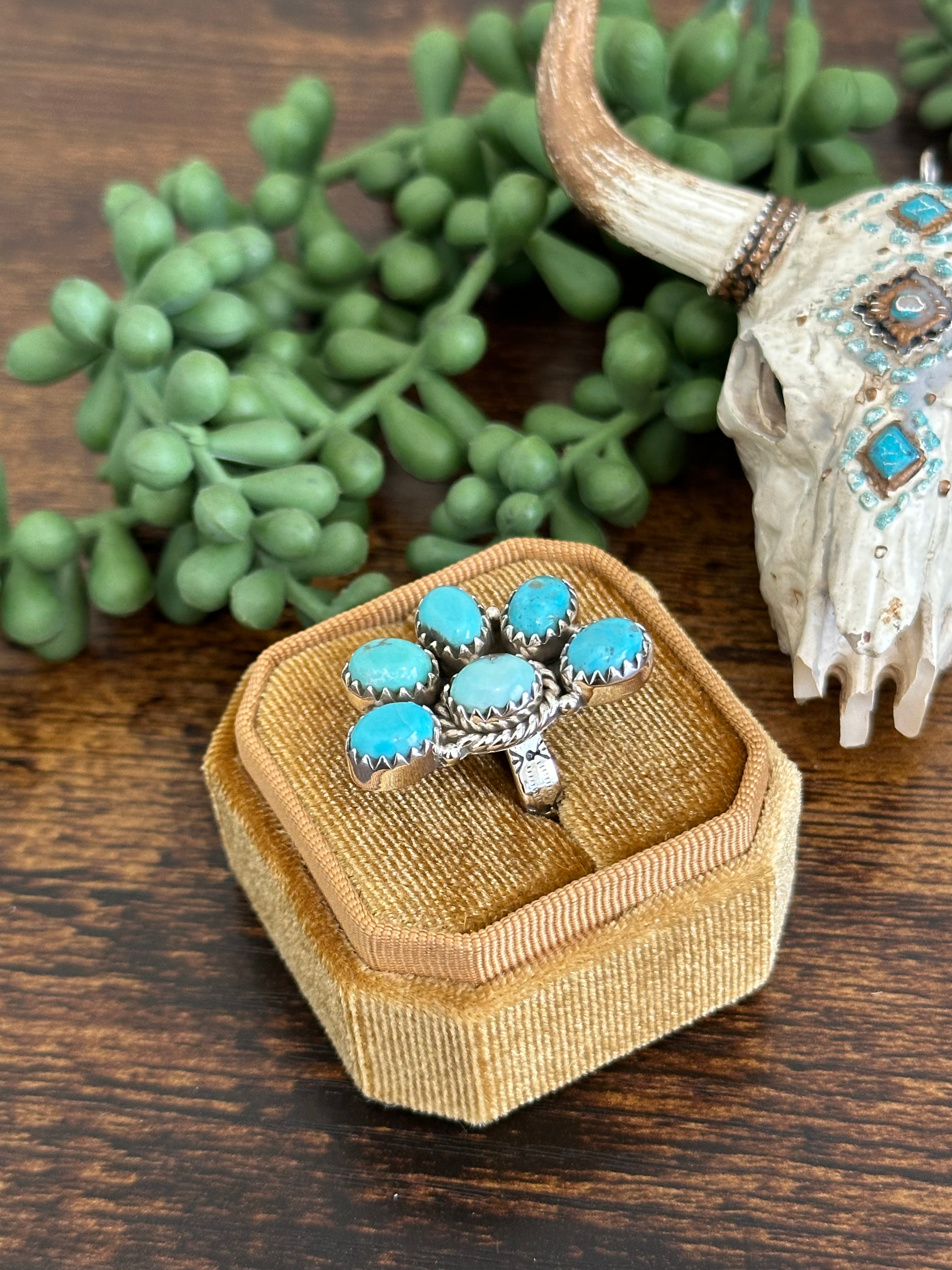 Southwest Handmade Kingman Turquoise & Sterling Silver Adjustable Cluster Ring