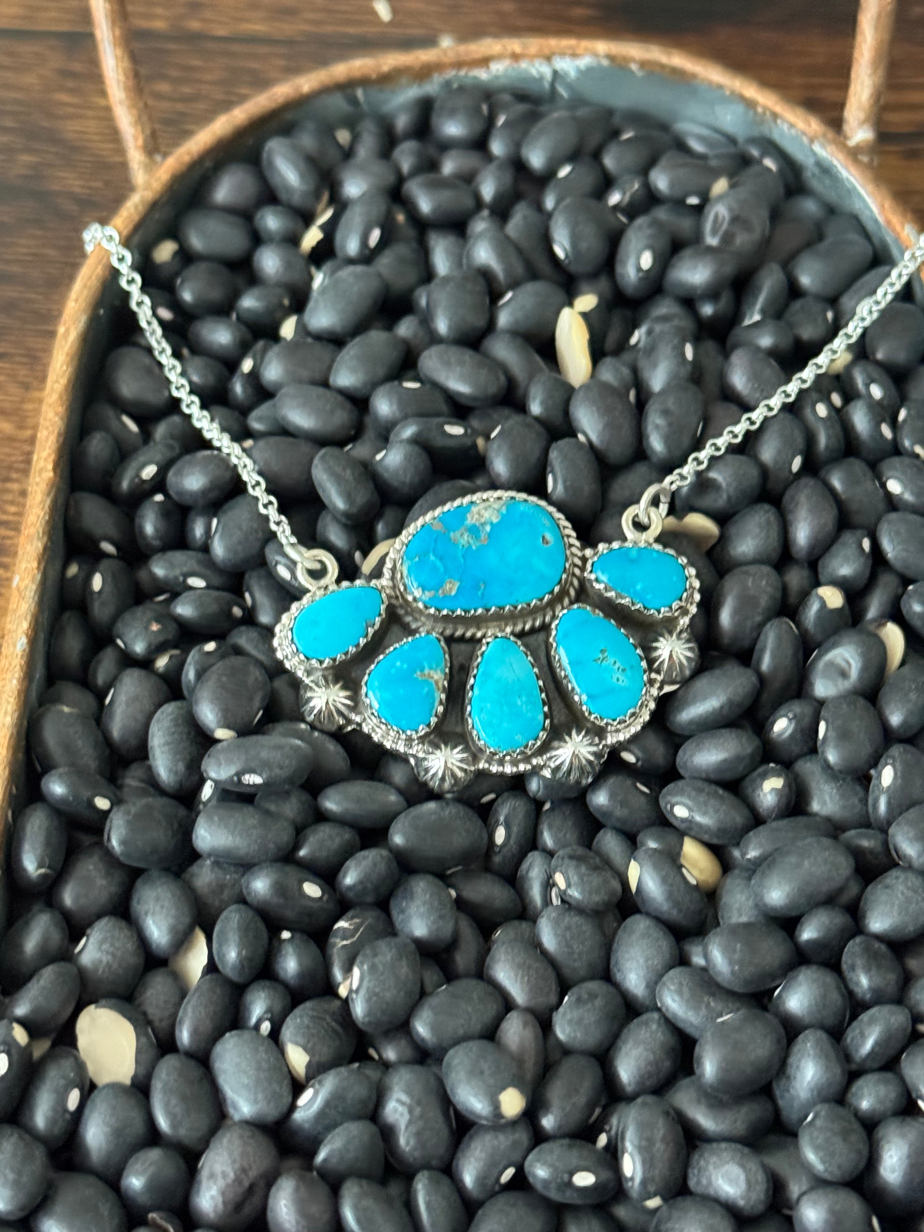 Southwest Valley Blue Turquoise & Sterling Silver Cluster Necklace