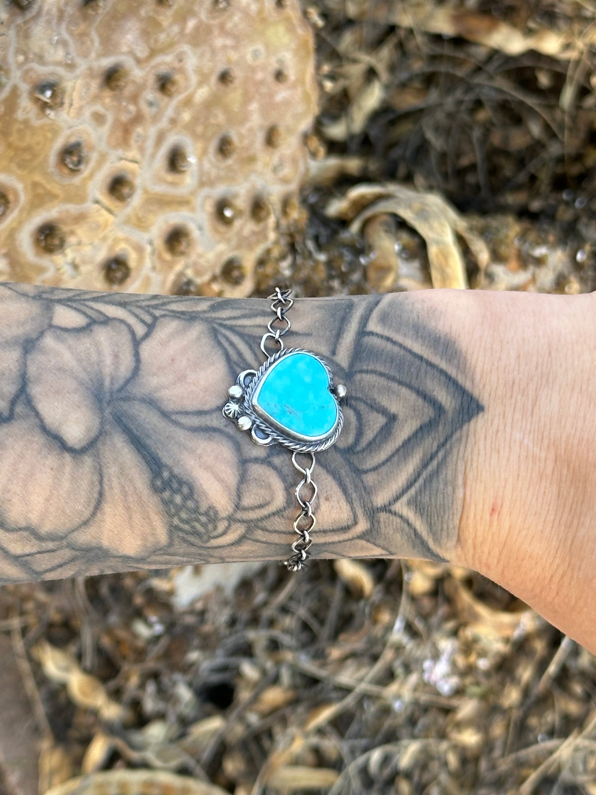Navajo Made Kingman Turquoise & Sterling Silver Heart Bracelet