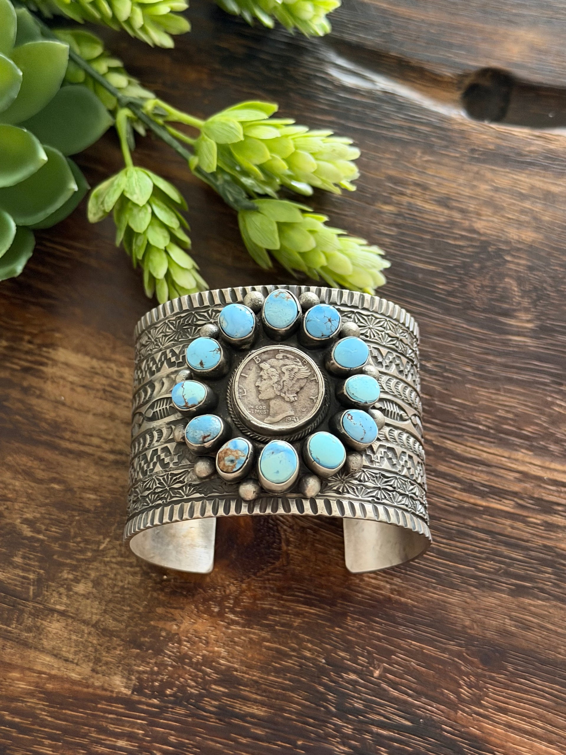 Tillie John Golden Hills Turquoise & Sterling Silver Liberty Dime Cluster Cuff Bracelet
