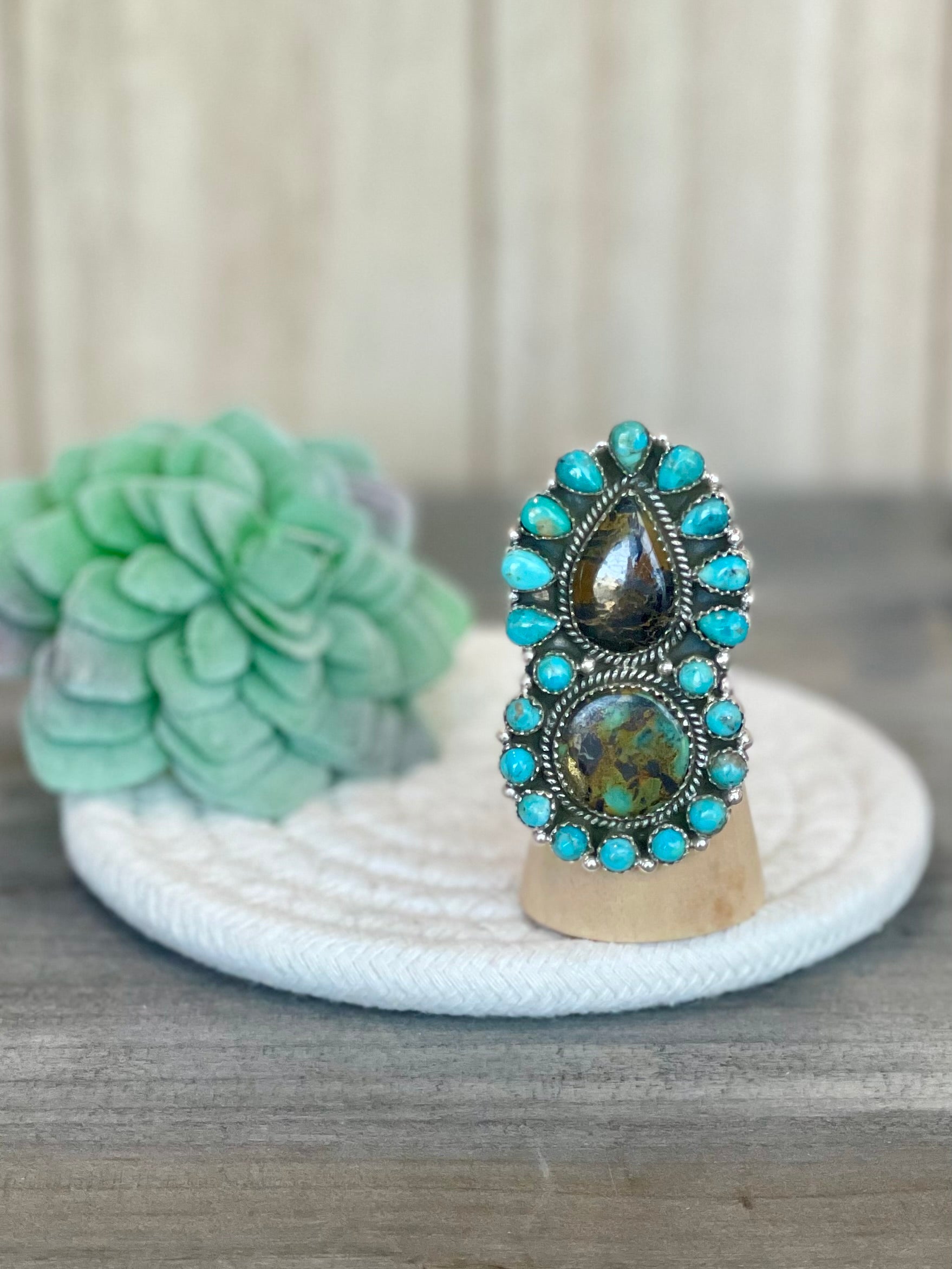 Southwest Handmade BlackJack Turquoise And Kingman Turquoise & Sterling Silver Adjustable Ring