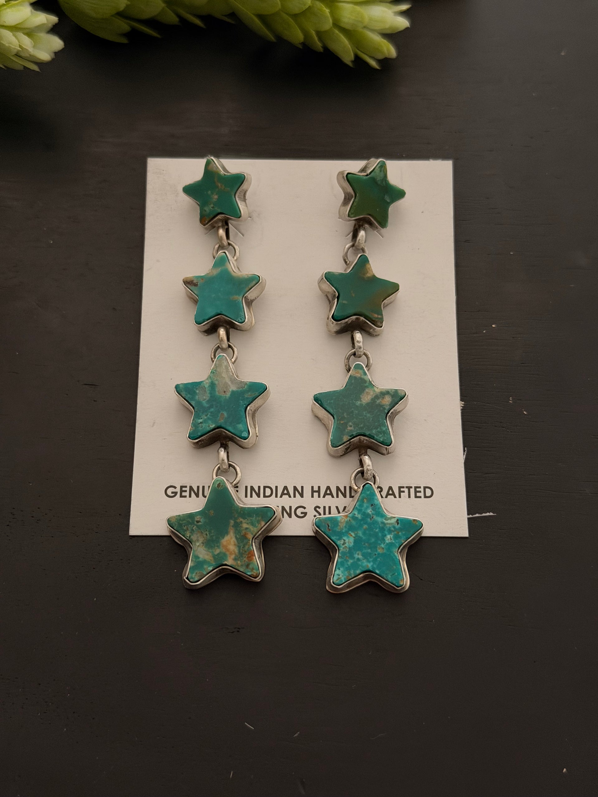 Navajo Made Fox Turquoise & Sterling Silver Post Dangle Star Earrings