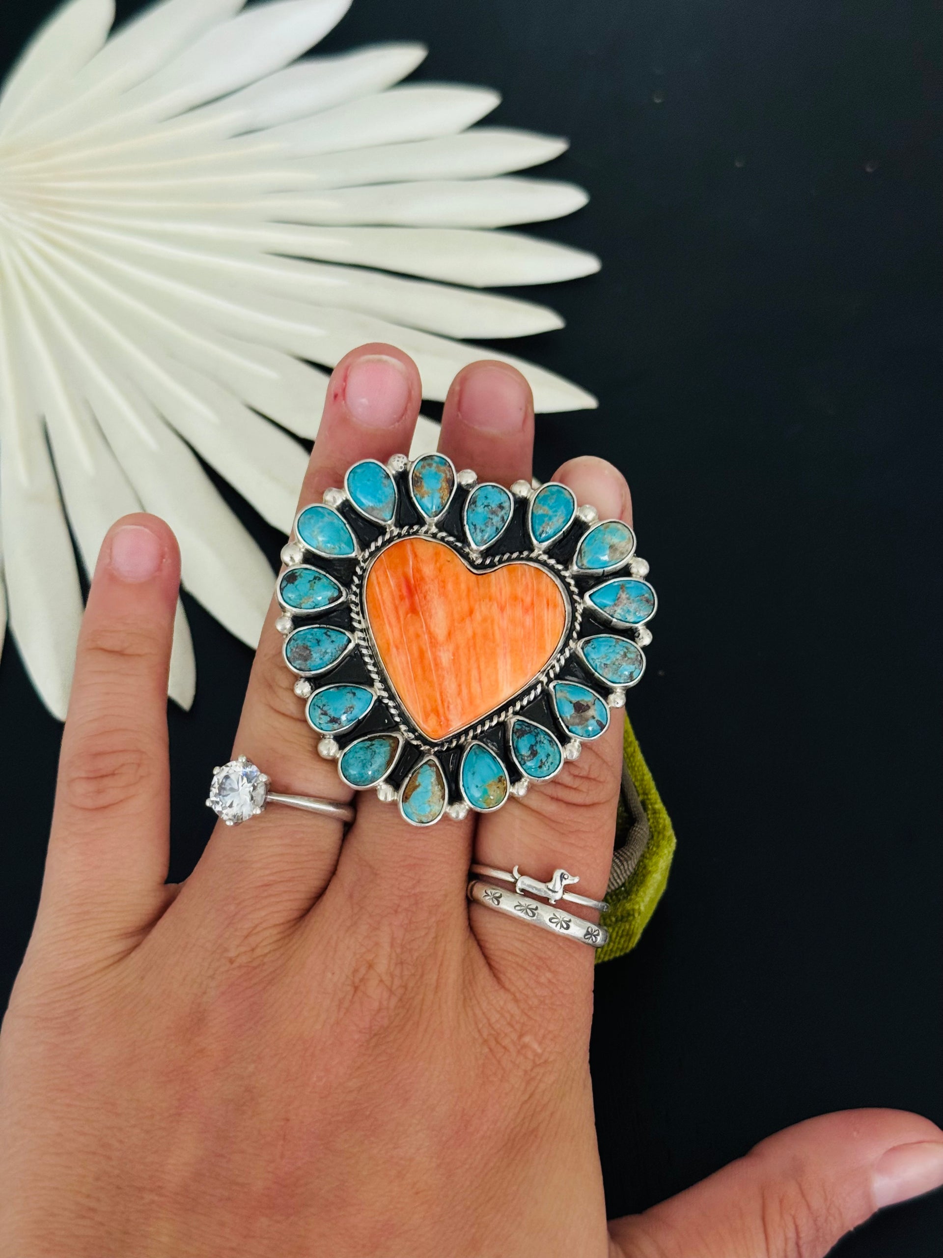 Navajo Made Multi Stone & Sterling Silver Adjustable Heart Cluster Ring