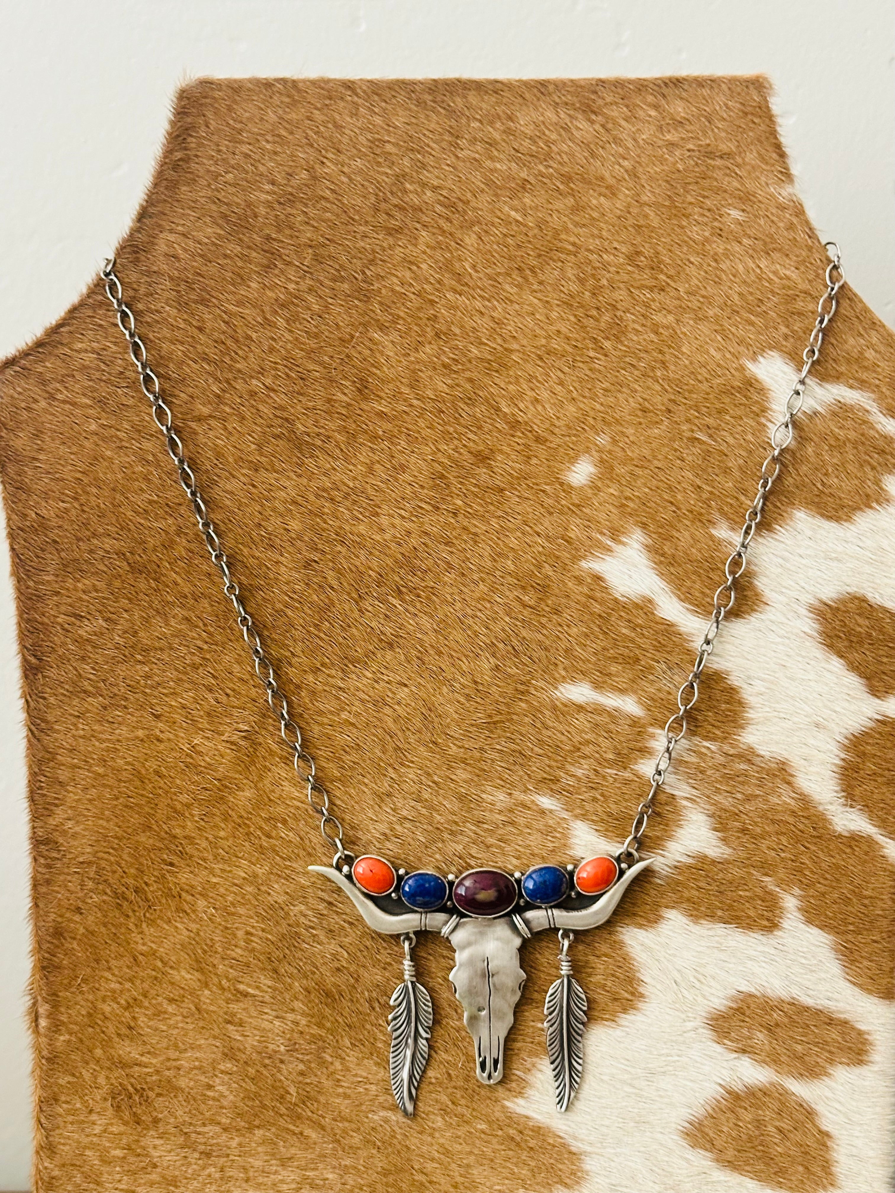 Mark Yazzie Multi Stone & Sterling Silver Bull Skull Necklace