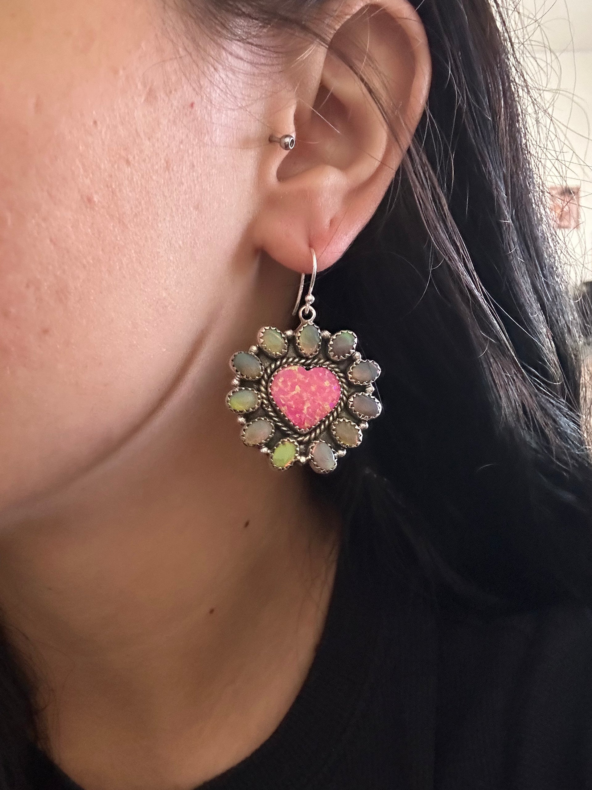 Southwest Handmade Opal & Sterling Silver Dangle Cluster Heart Earrings