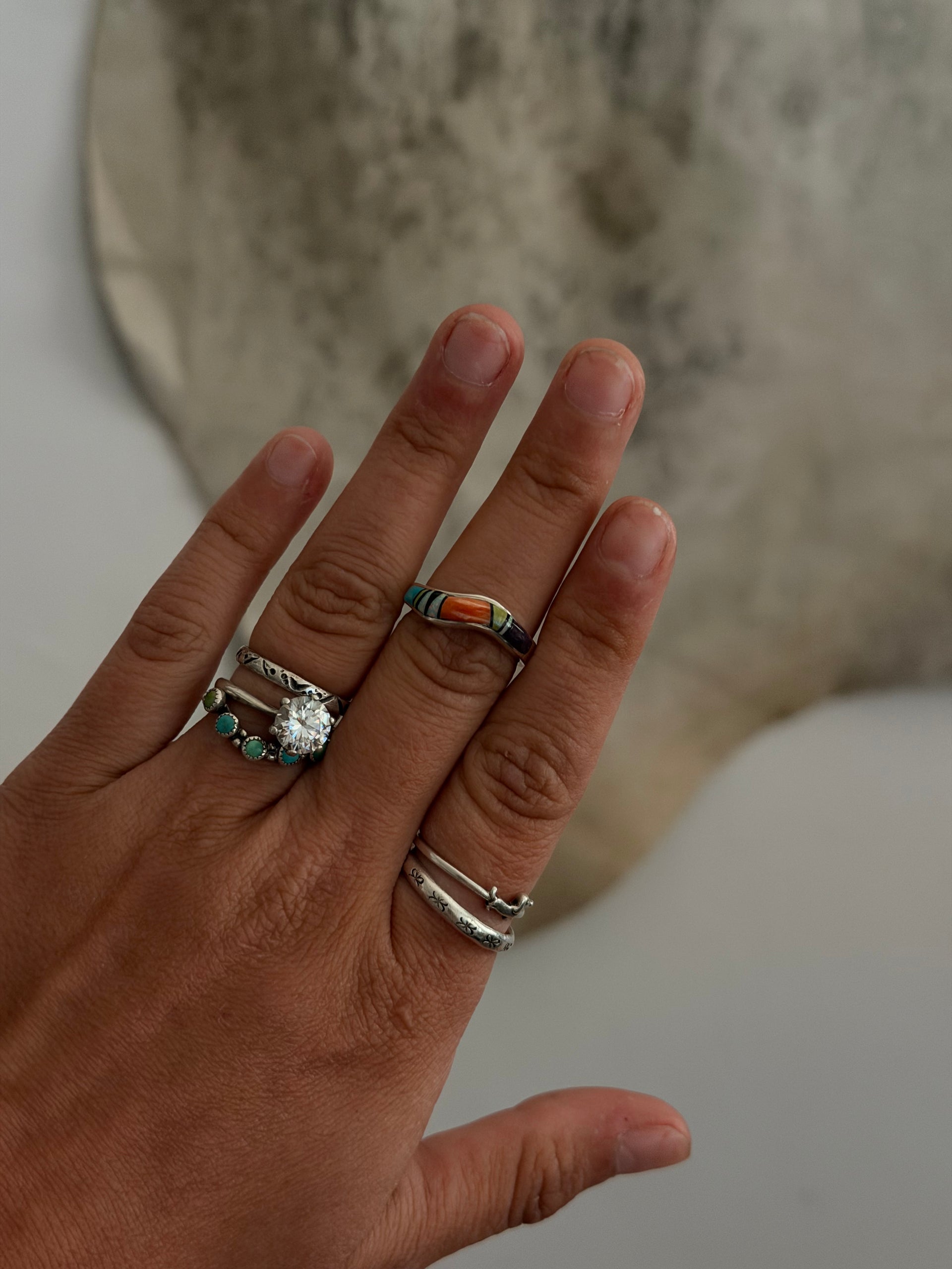 Navajo Made Multi Stone & Sterling Silver Inlay Ring Size 6