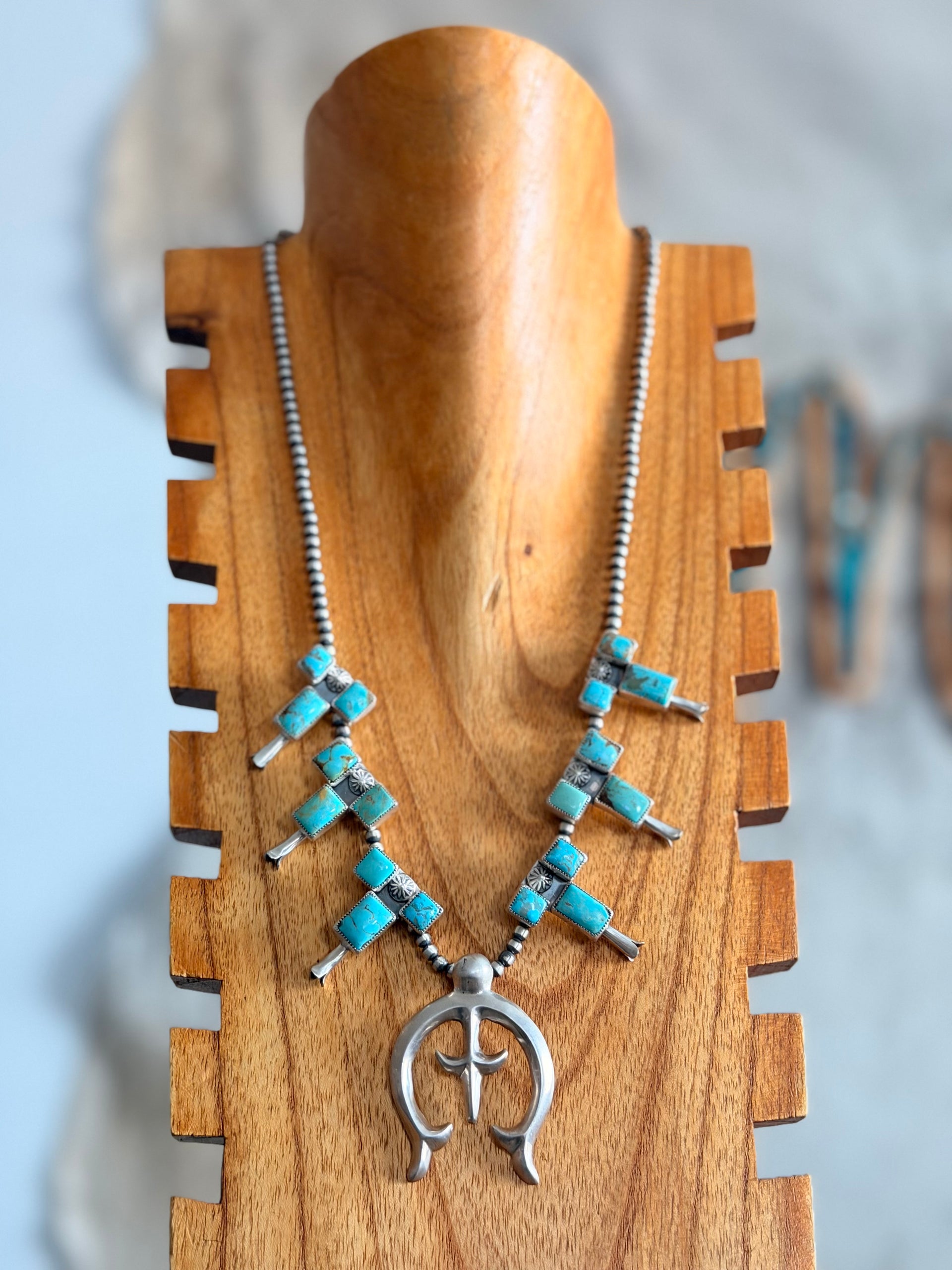 Larry Kaye Kingman Turquoise & Sterling Silver Cluster Squash Blossom Necklace Set