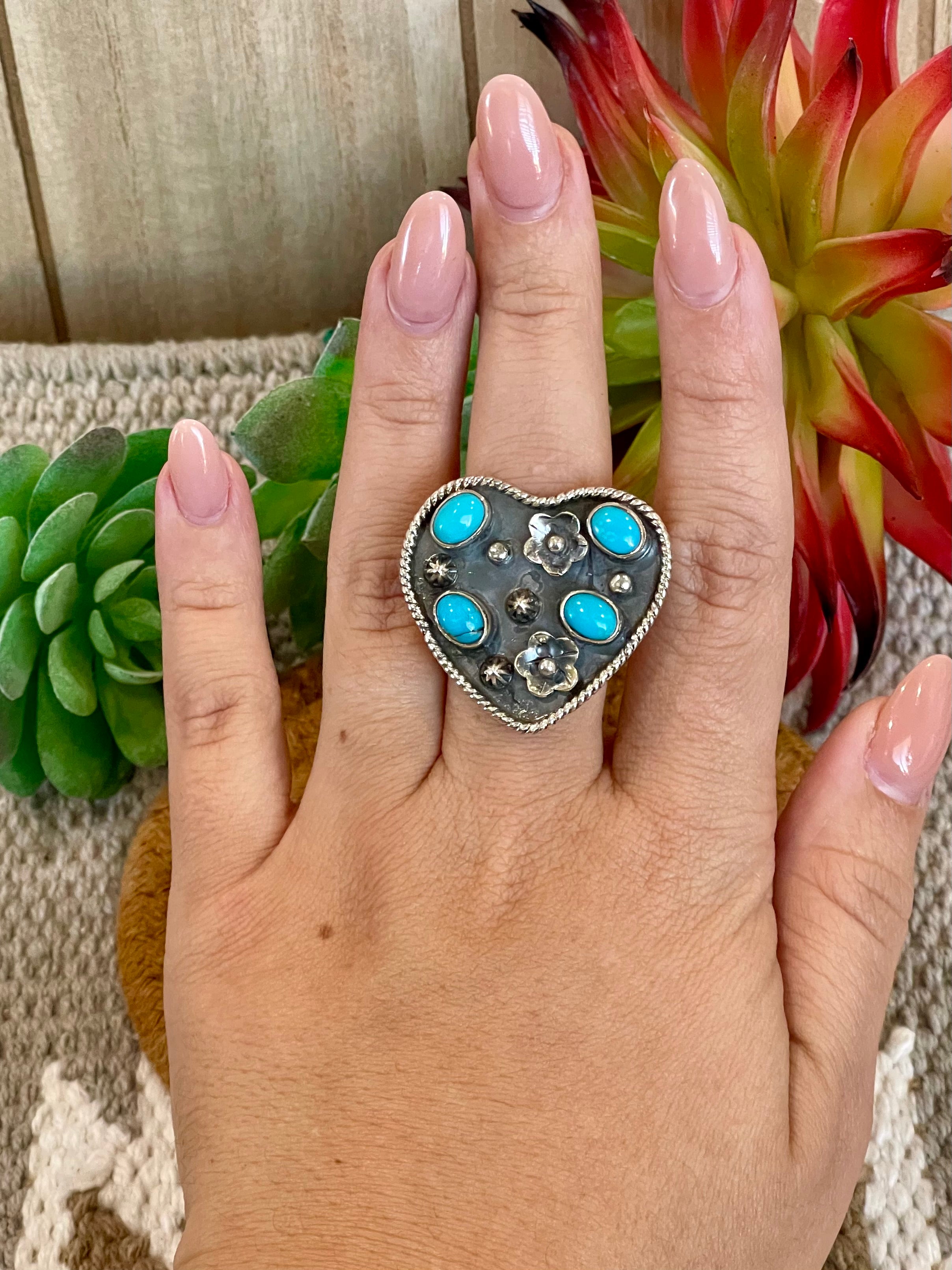 Southwest Handmade Kingman Turquoise & Sterling Silver Adjustable Heart Ring