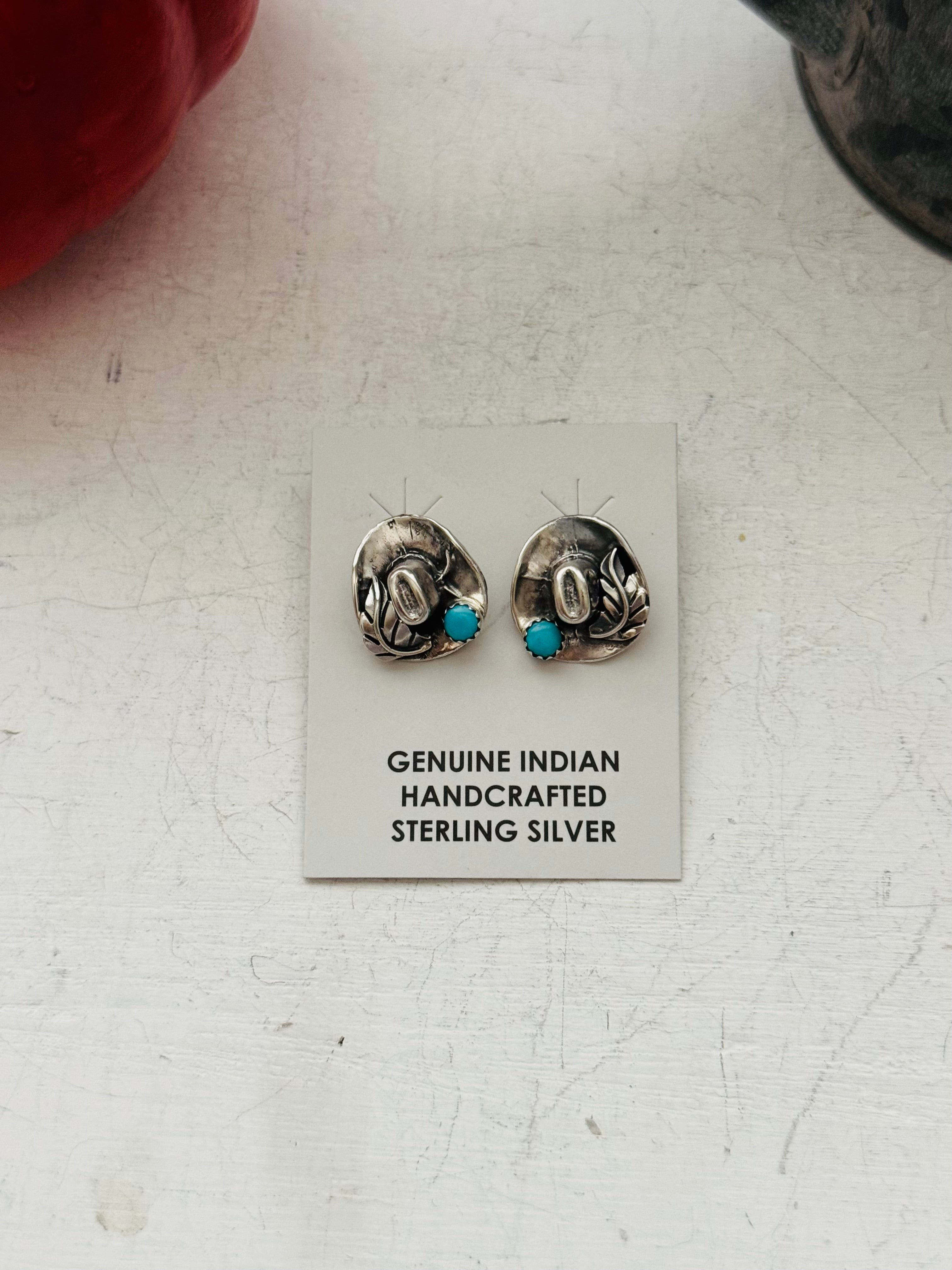 Navajo Handmade Sterling Silver Post Cowboy Hat Earrings