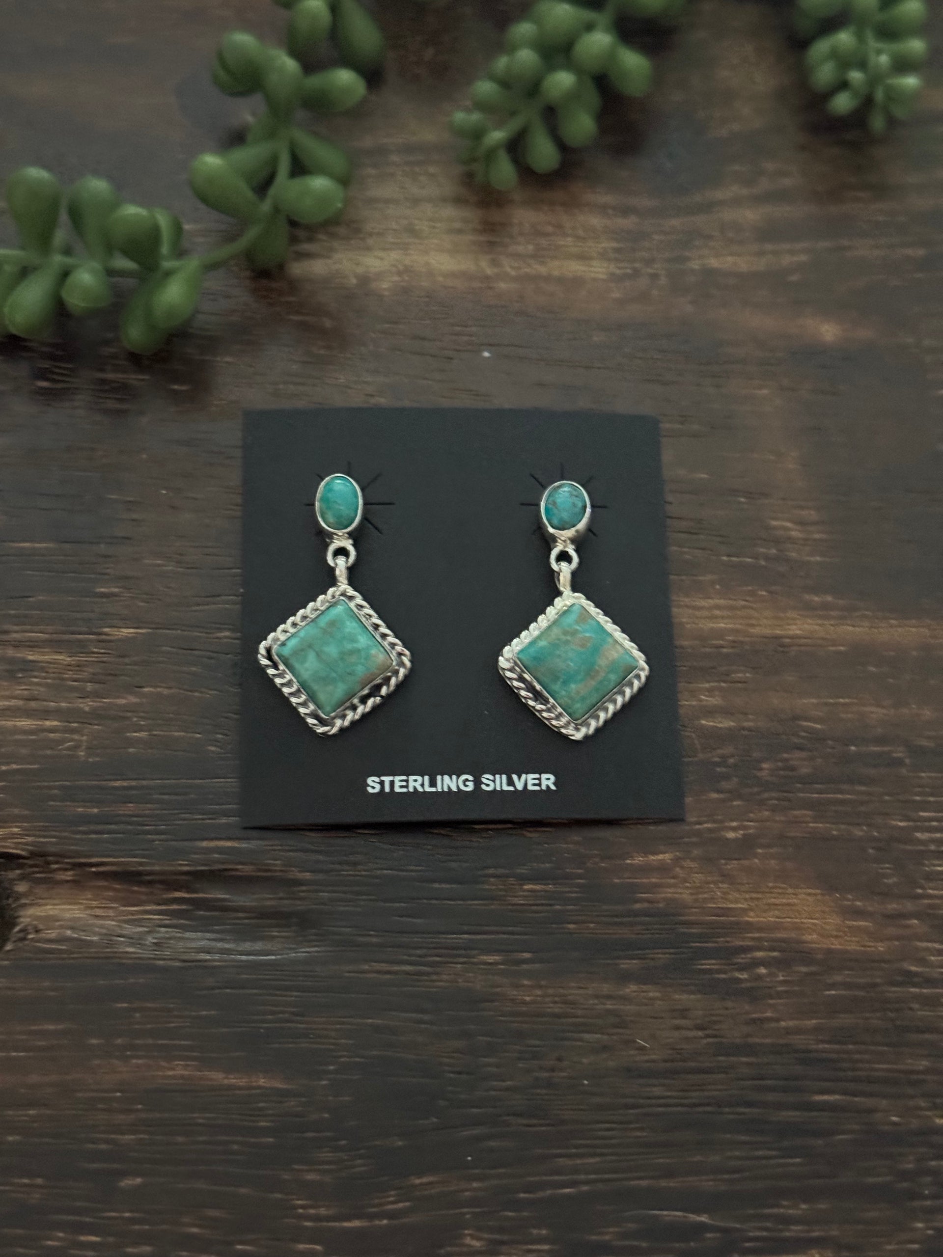 Navajo Made Kingman Turquoise & Sterling Silver Post Dangle Earrings
