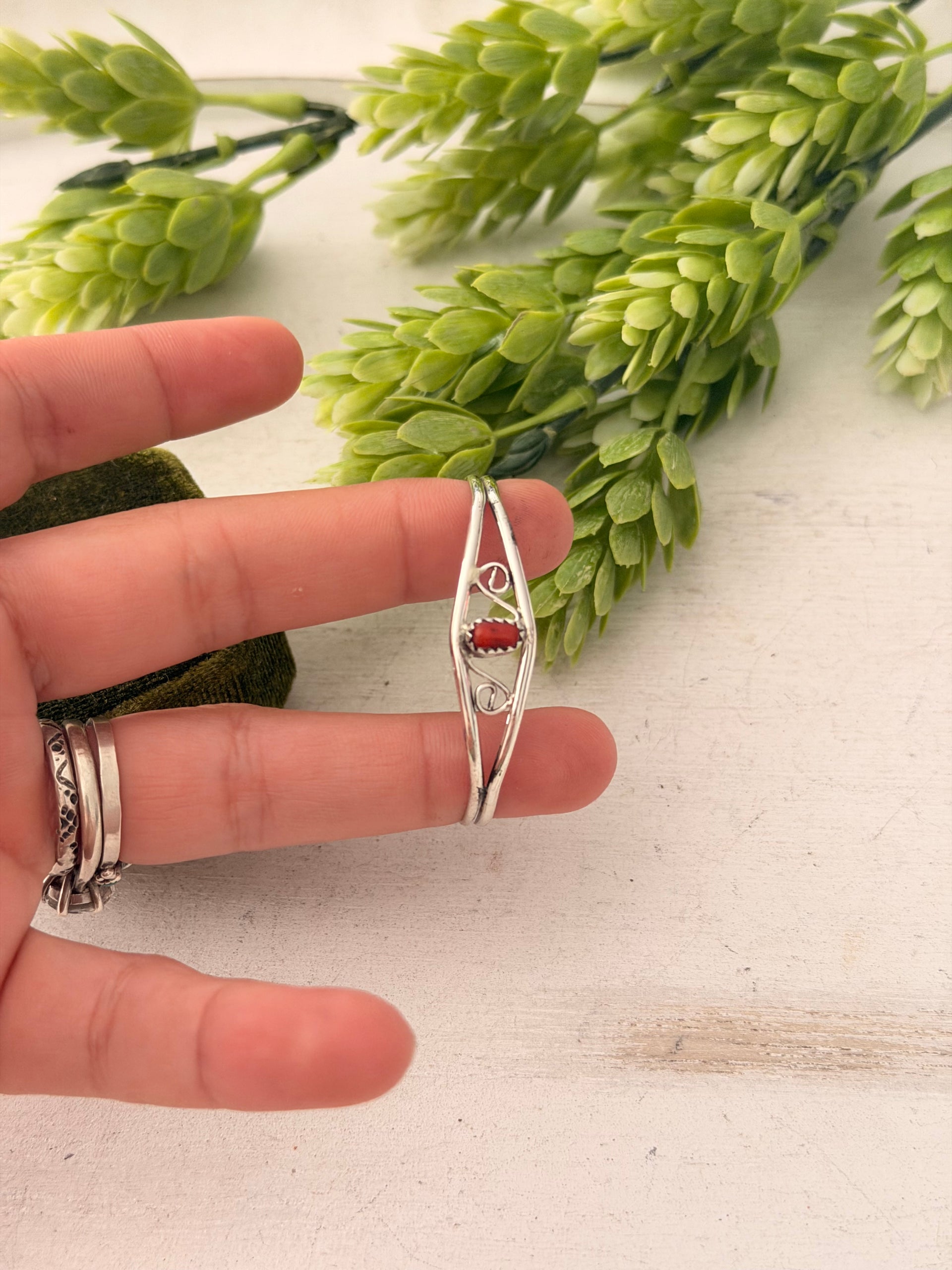 Navajo Made Coral & Sterling Silver Baby Cuff Bracelet