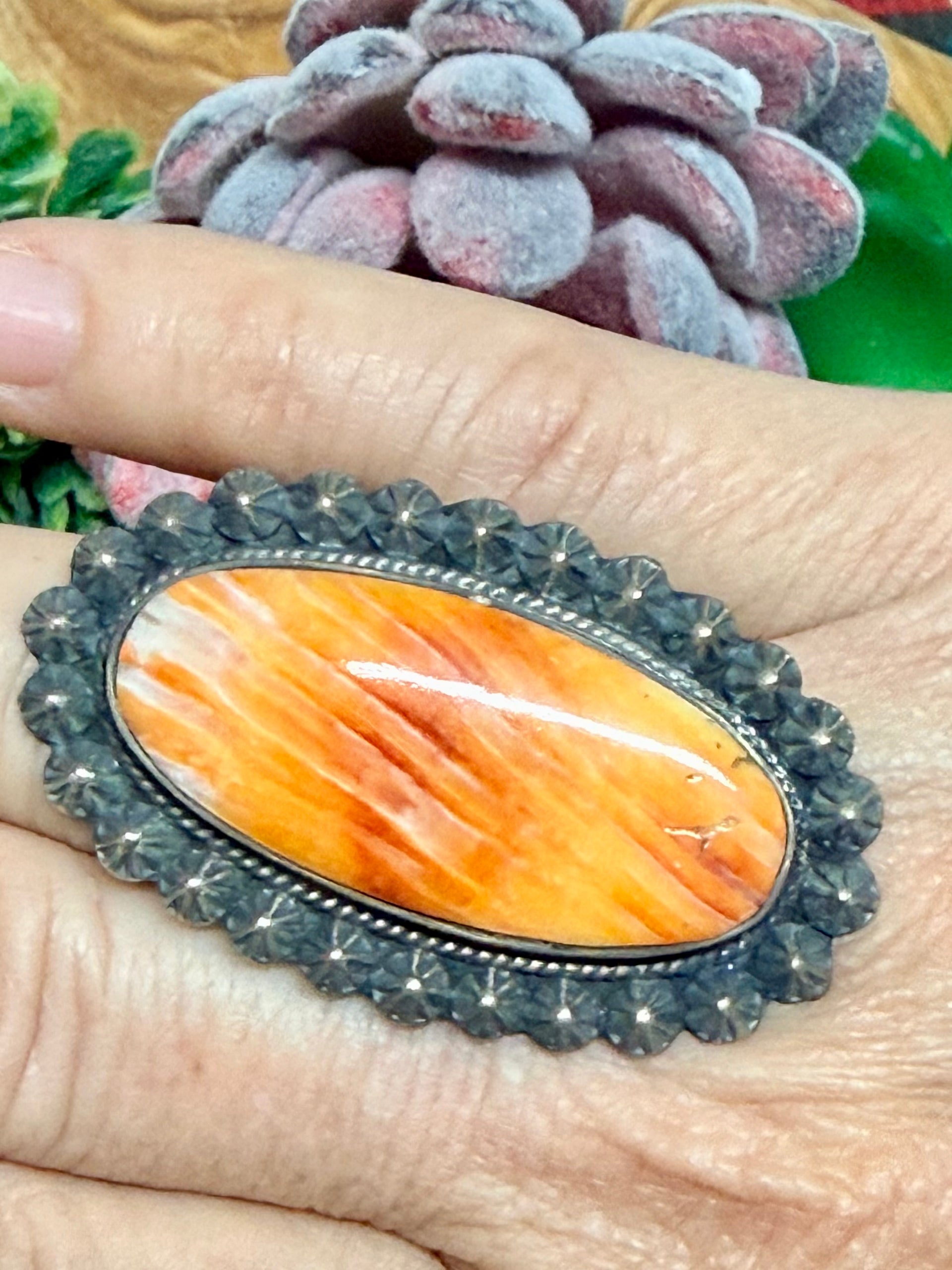 Southwest Handmade Spiny Oyster & Sterling Silver Ring Size 10.25