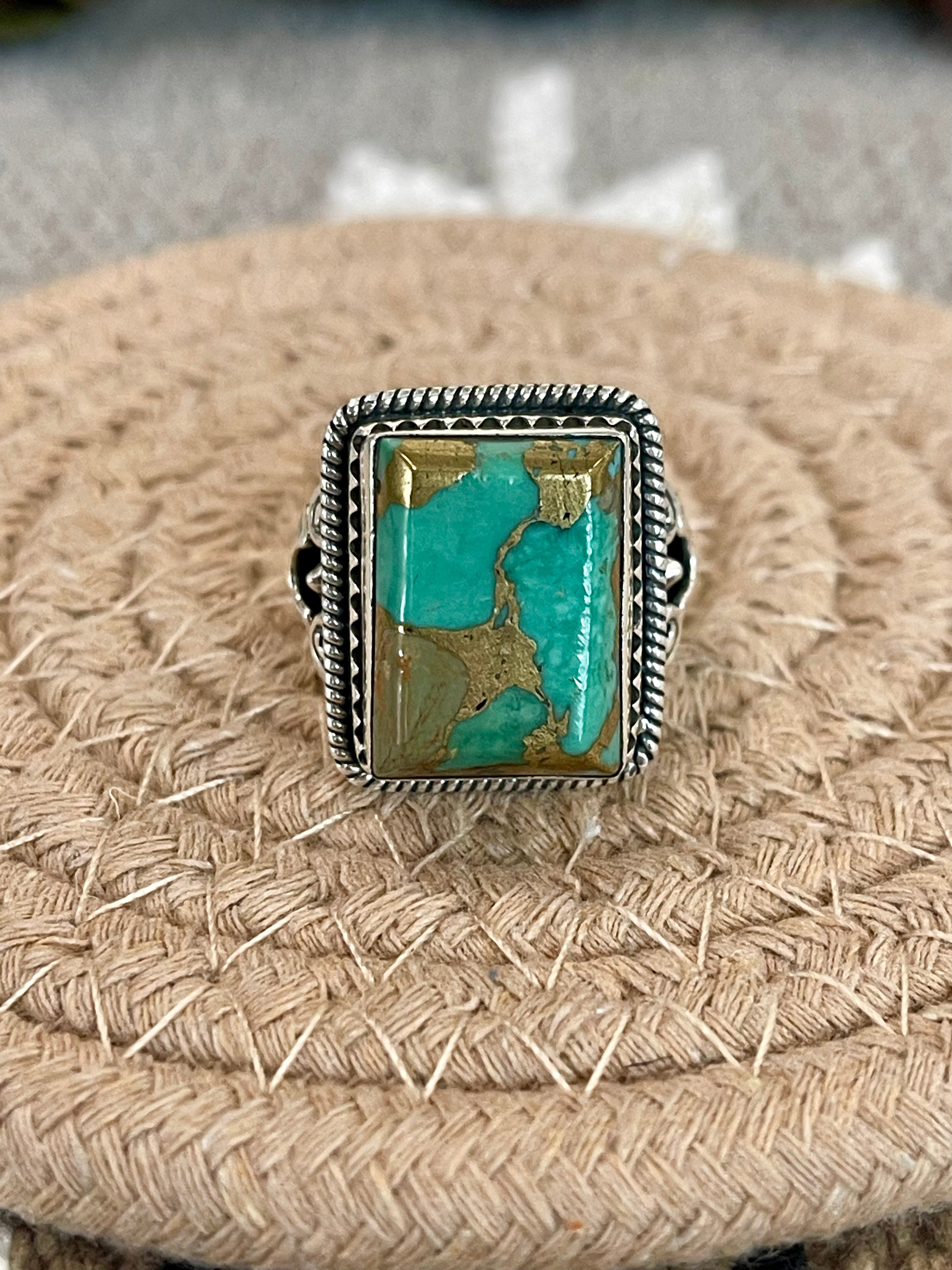 Southwest Handmade Kingman Turquoise & Sterling Silver Size 6.5 Square Ring