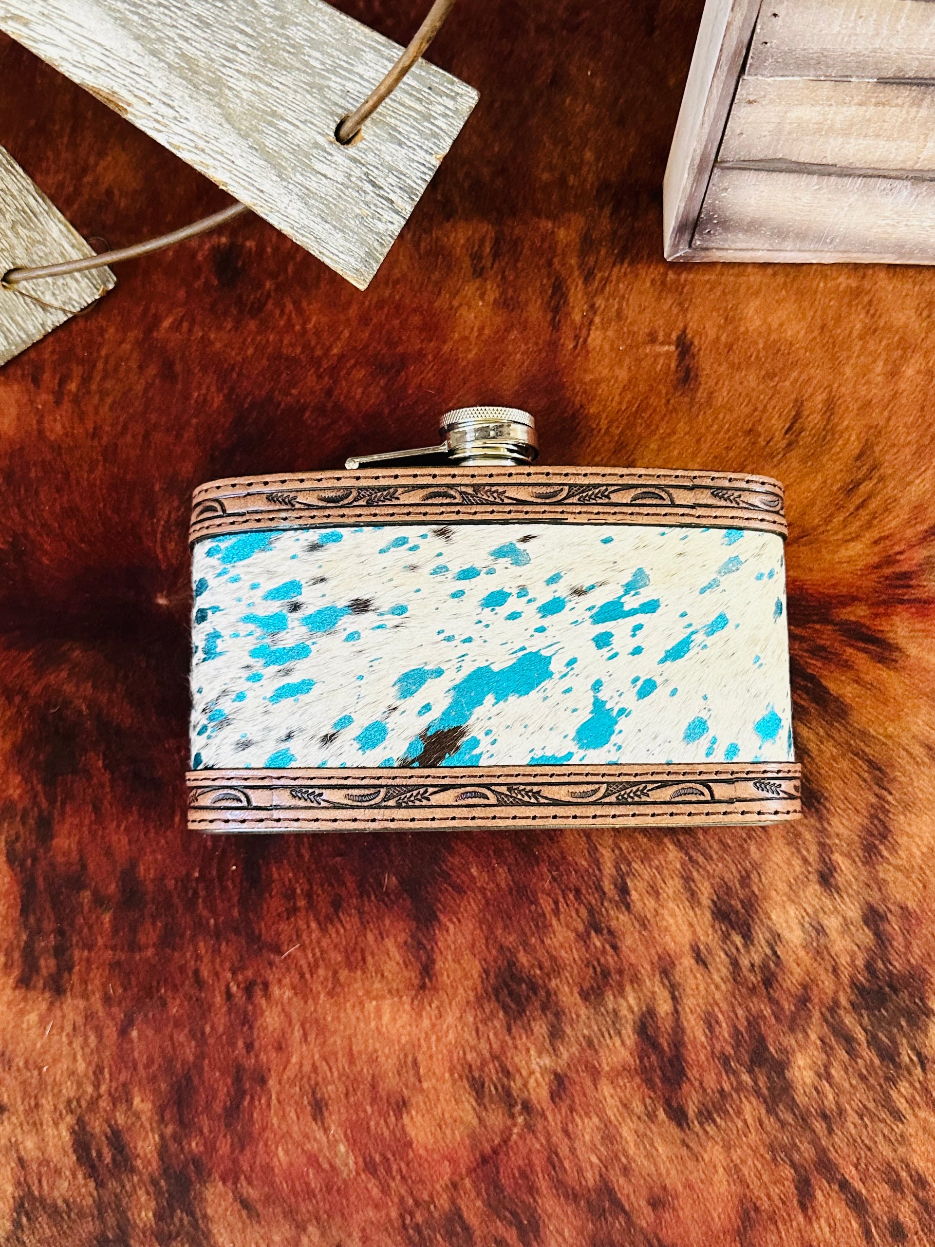 Genuine Tooled Leather & Cowhide 24 oz Flask