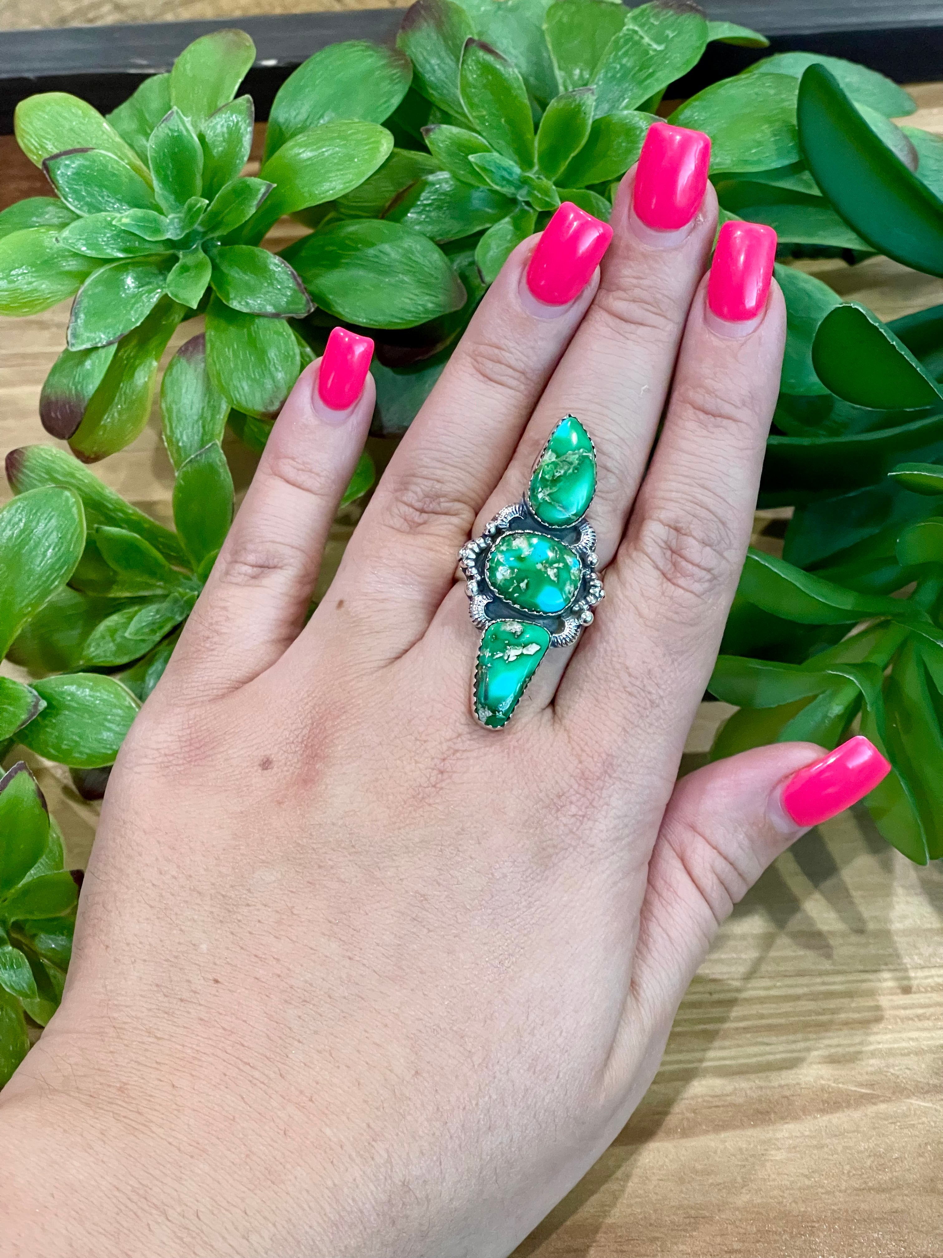 Southwest Handmade Sonoran Mountain Turquoise & Sterling Silver 3 Stone Adjustable Ring