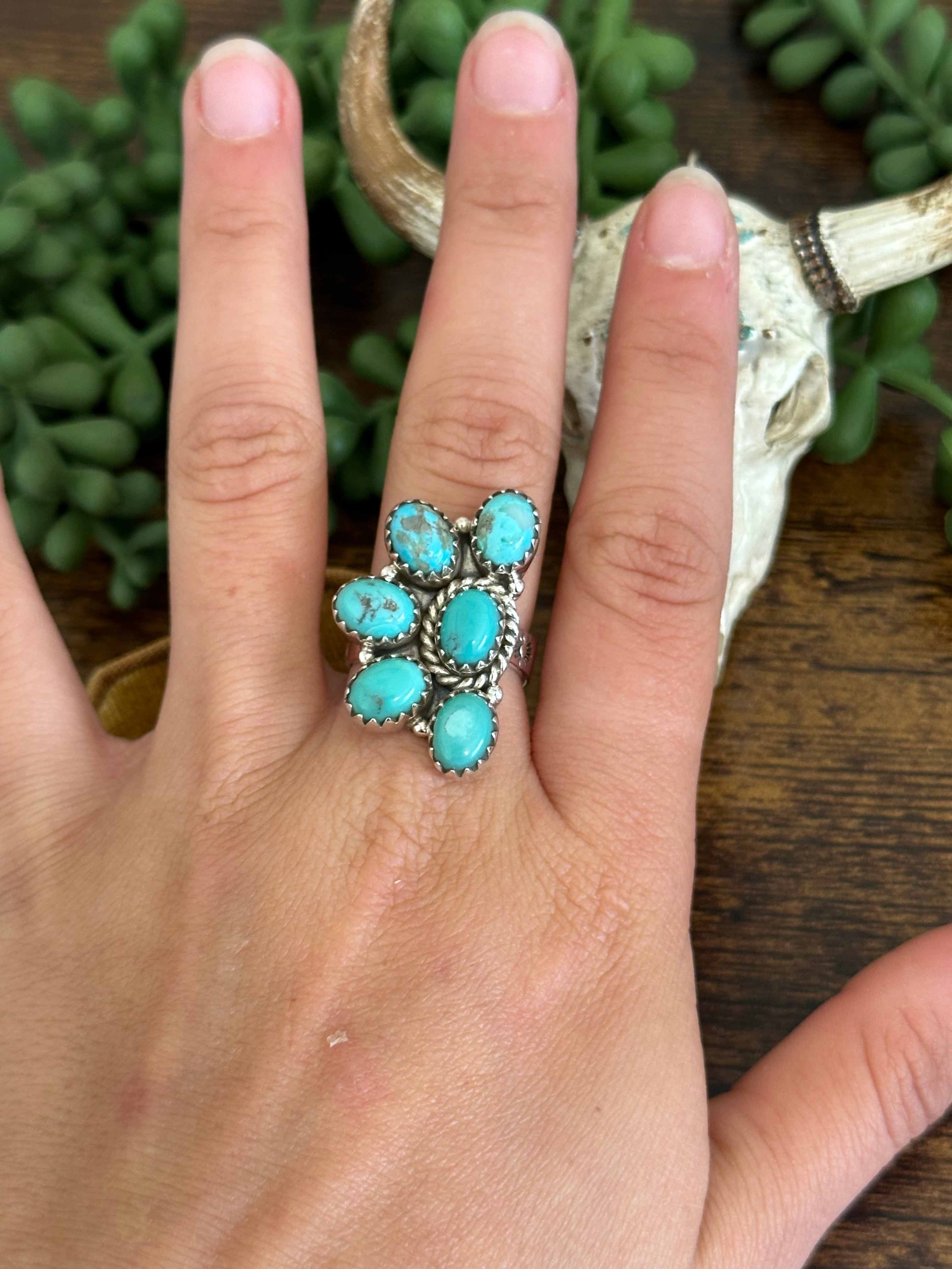 Southwest Handmade Kingman Turquoise & Sterling Silver Adjustable Cluster Ring