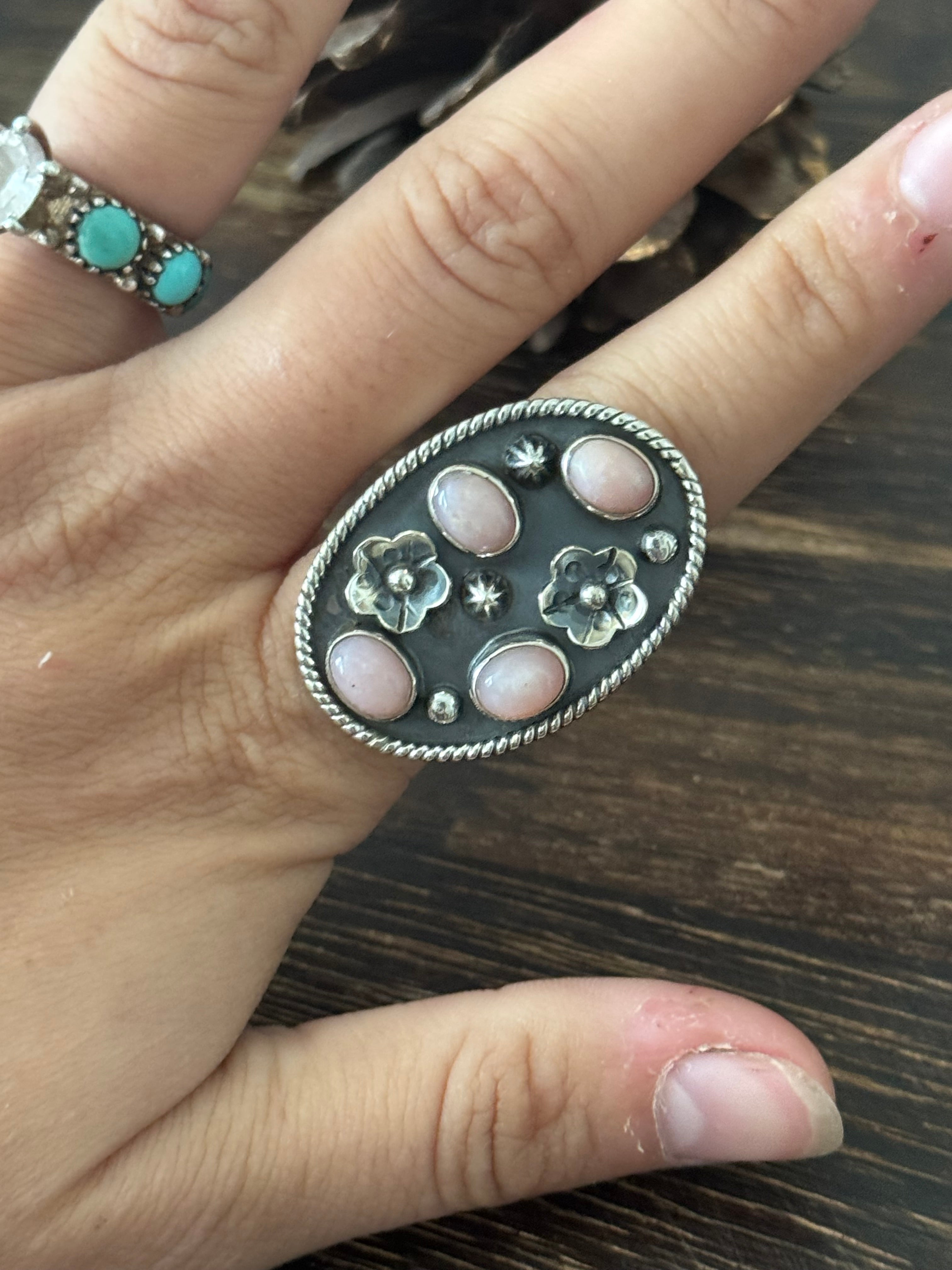 Southwest Handmade Peruvian Pink Opal & Sterling Silver Adjustable Ring