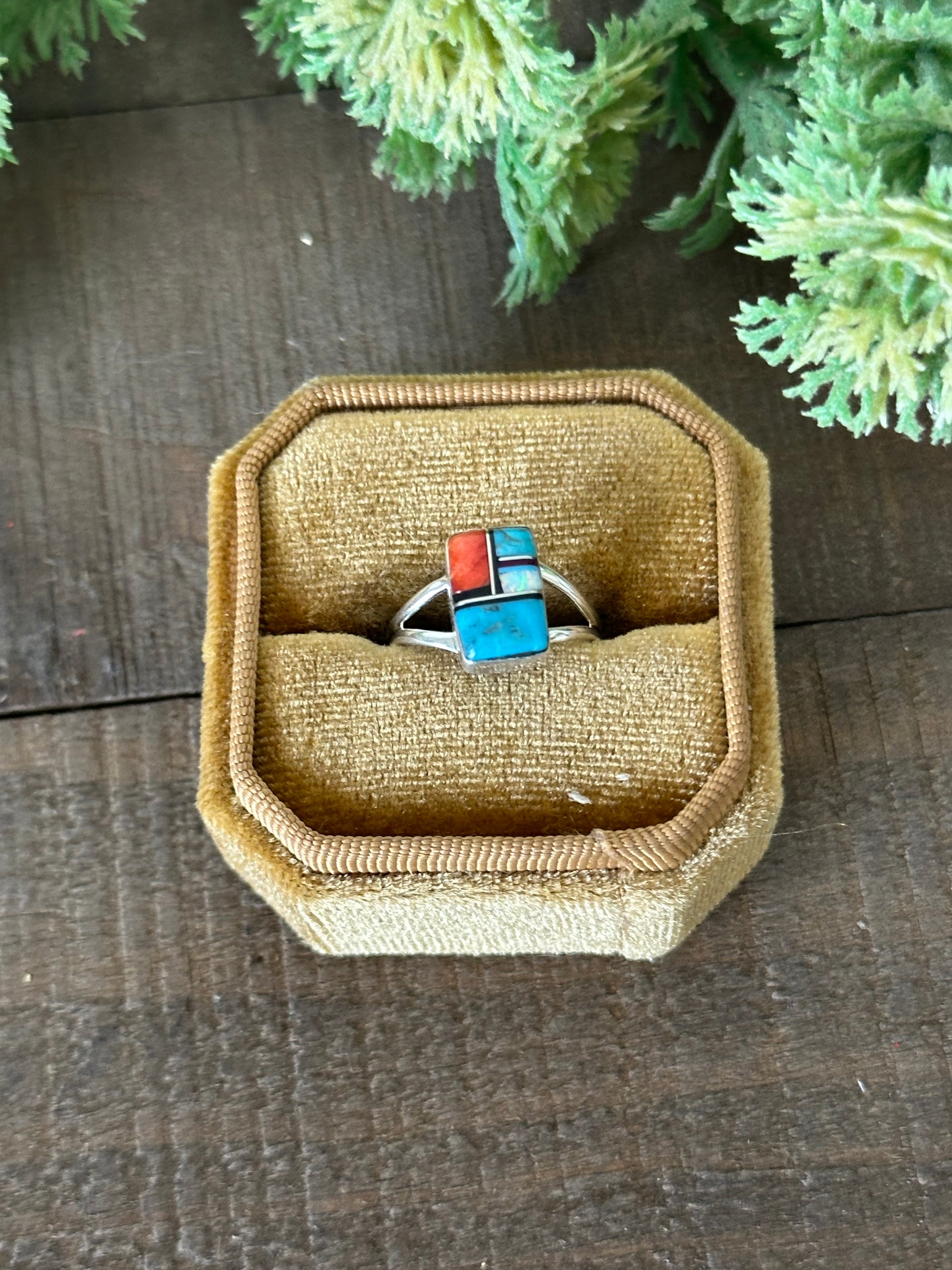 Navajo Made Multi Stone & Sterling Silver Inlay Ring Size 6.75