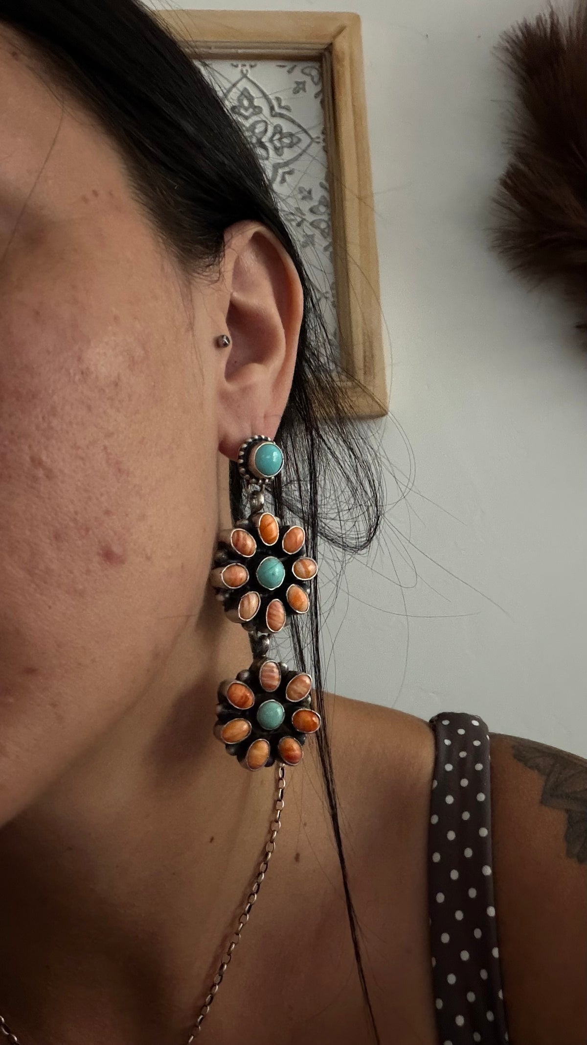 Navajo Made Multi Stone & Sterling Silver Post Dangle Cluster Earrings