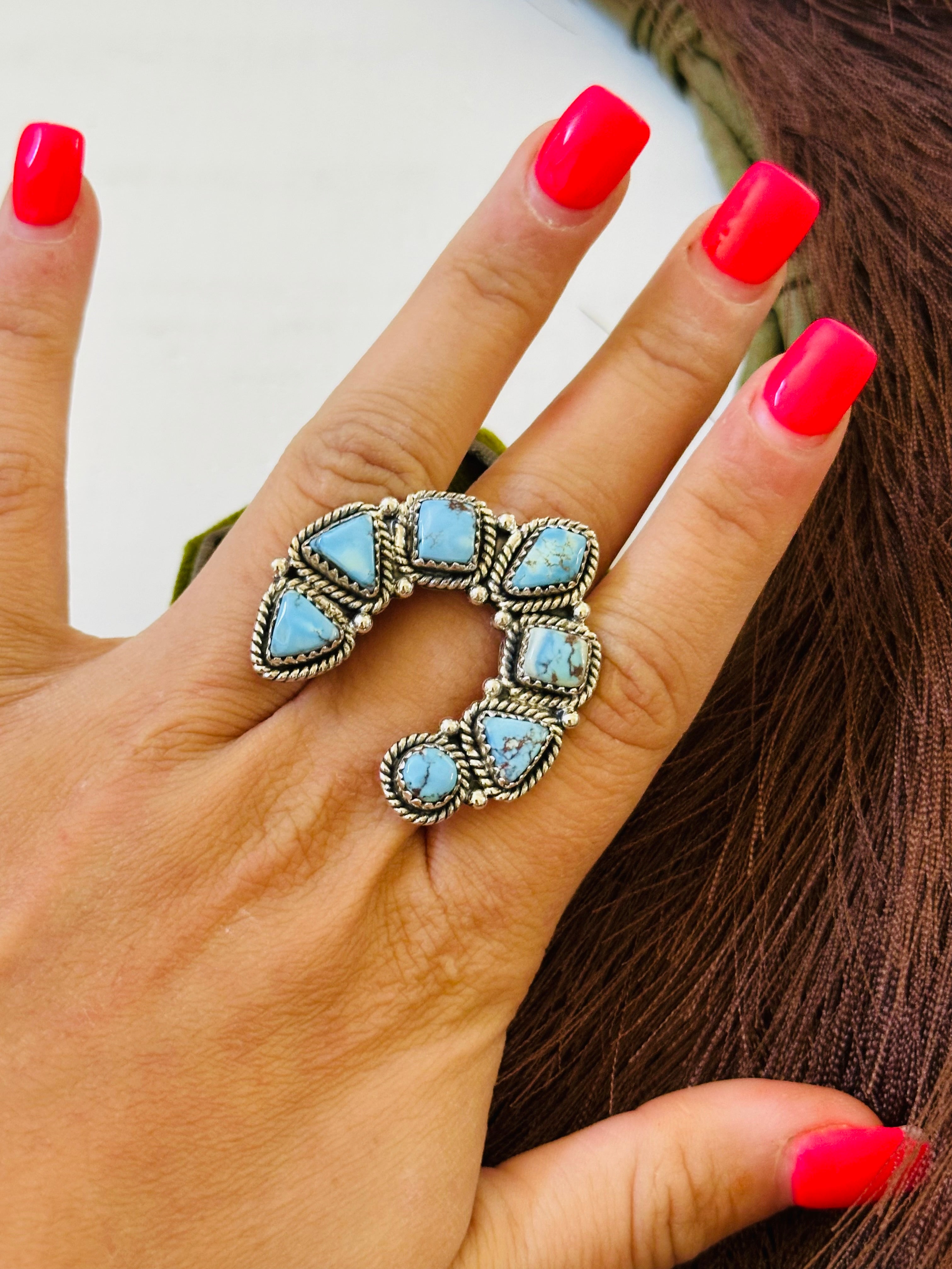 TTD “Prosperous” Golden Hills Turquoise & Sterling Silver Adjustable Cluster Naja Ring