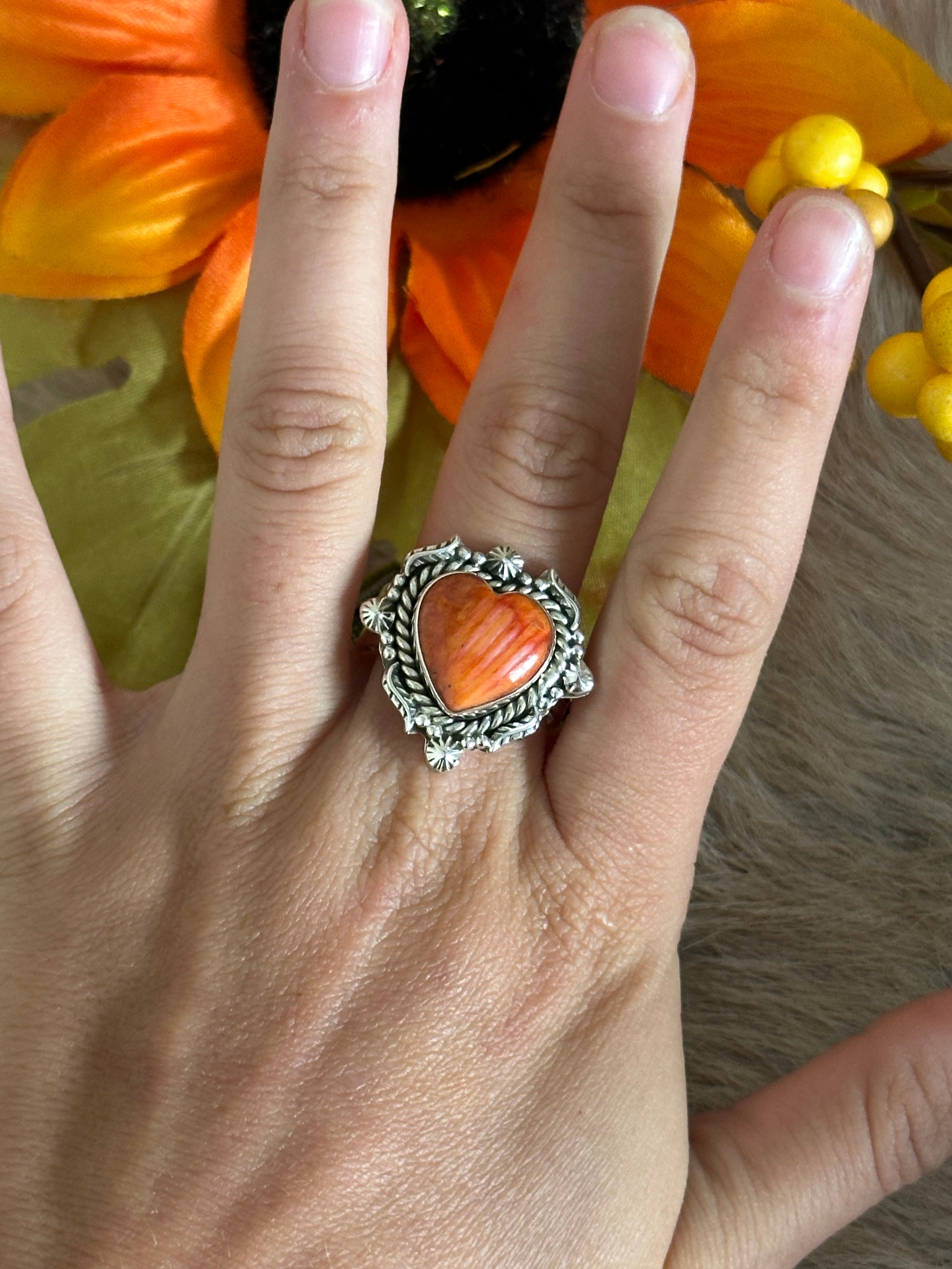 Southwest Handmade Spiny Oyster & Sterling Silver Adjustable Heart Ring