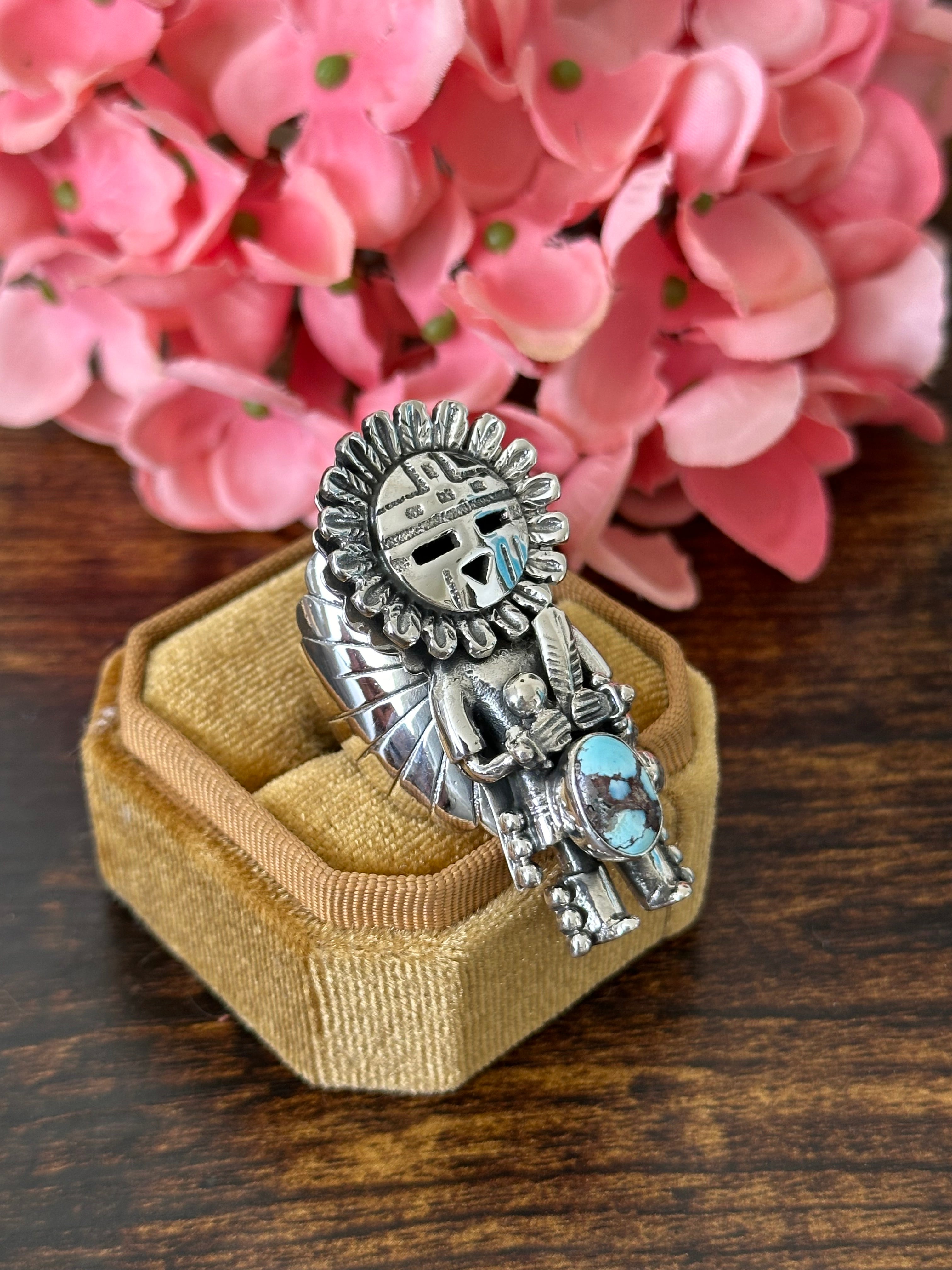 Southwest Handmade Golden Hills Turquoise & Sterling Silver Adjustable Kokopelli Ring