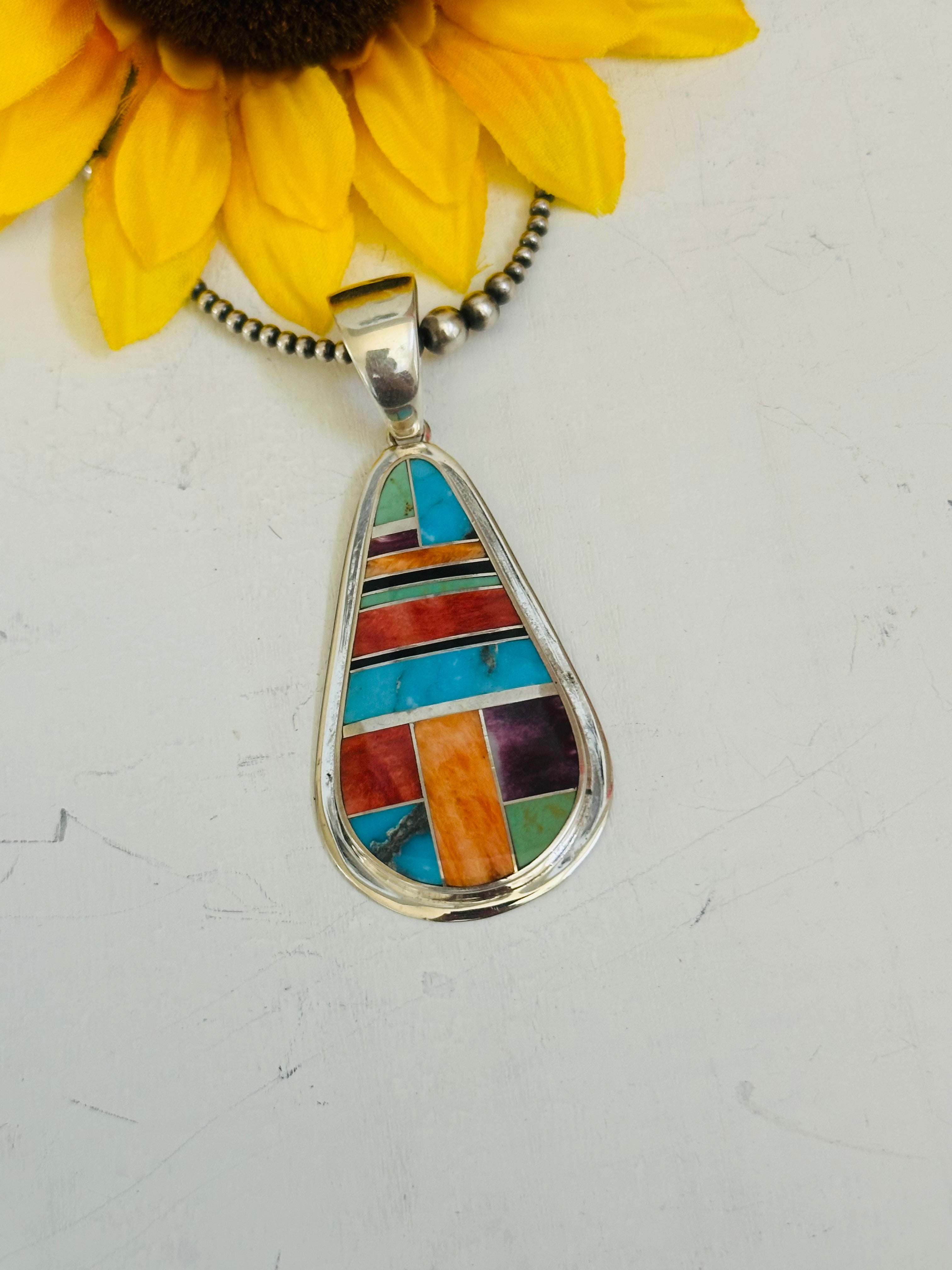 Navajo Made Multi Stone & Sterling Silver Inlay Pendant