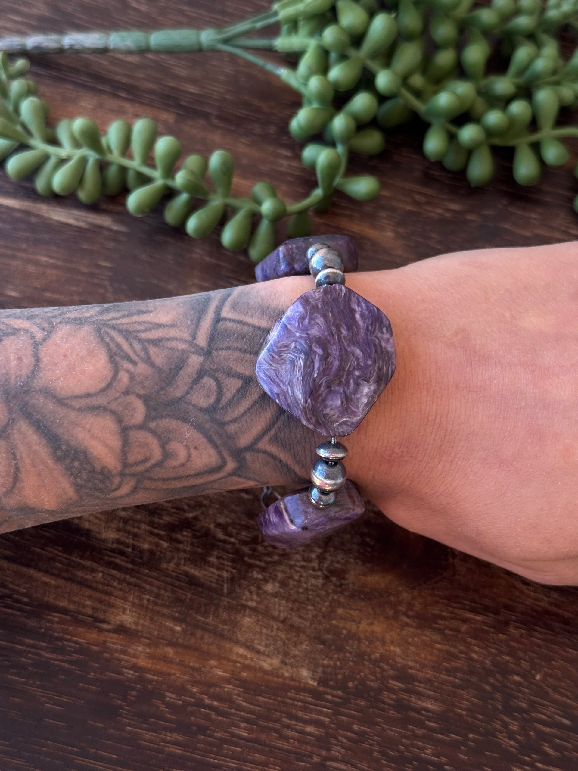 Navajo Strung Charoite & Sterling Silver Pearl Bracelet