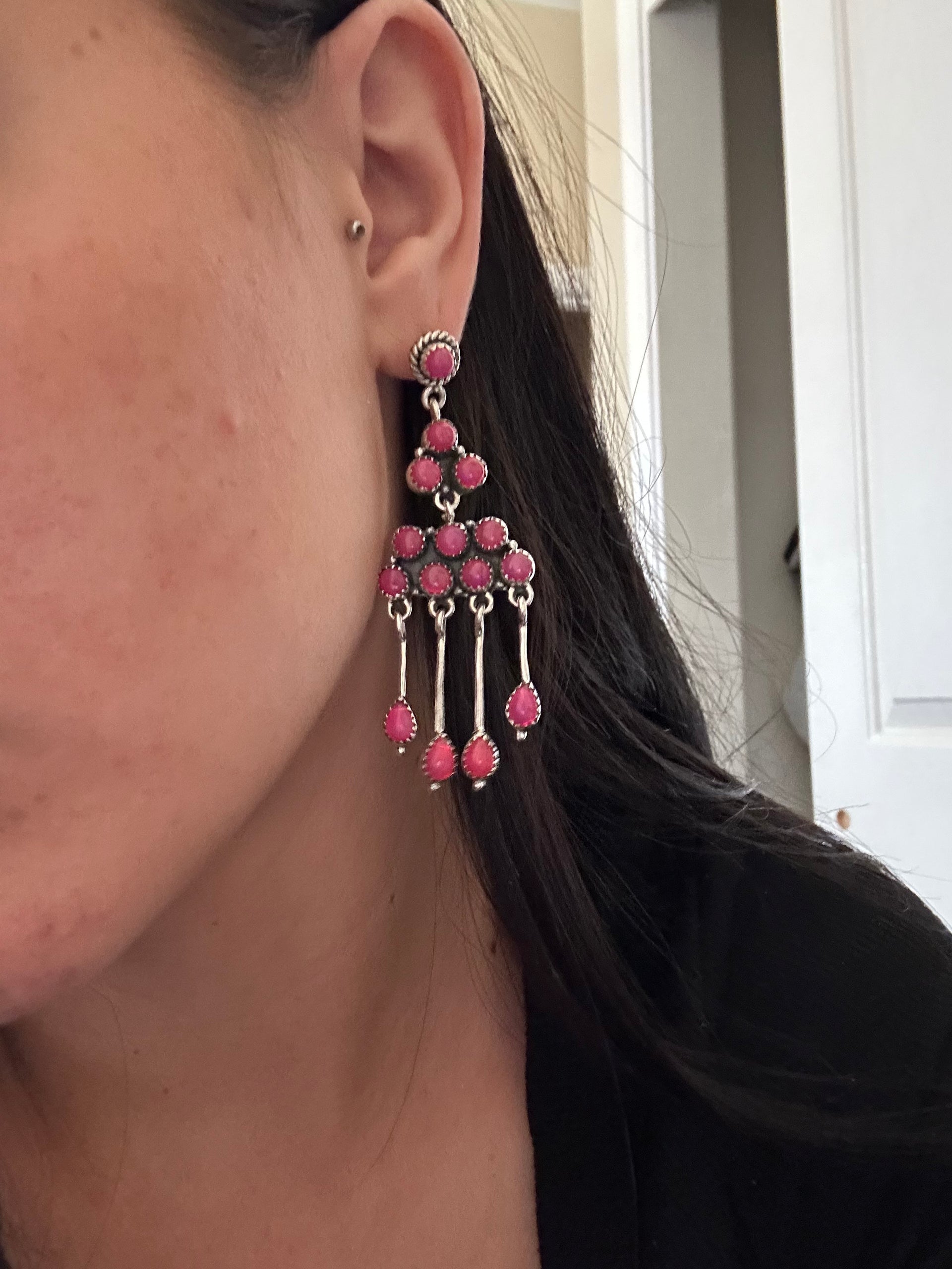Southwest Handmade Pink Opal & Sterling Silver Post Dangle Cluster Earrings