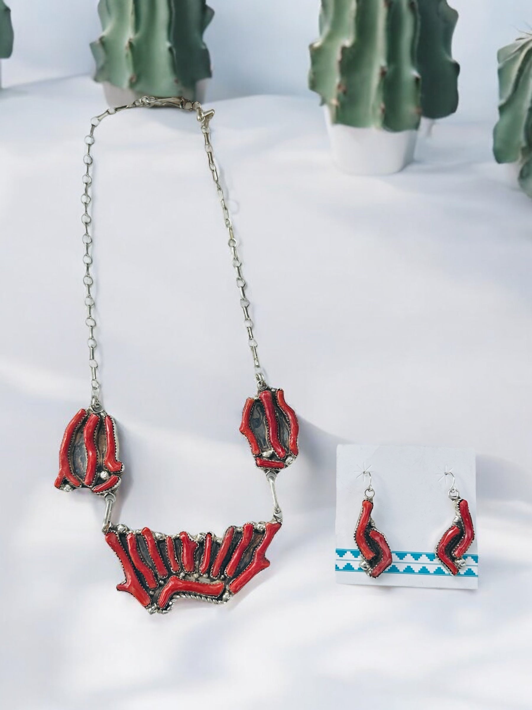 Zuni Made Red Coral and Sterling Silver Necklace Set