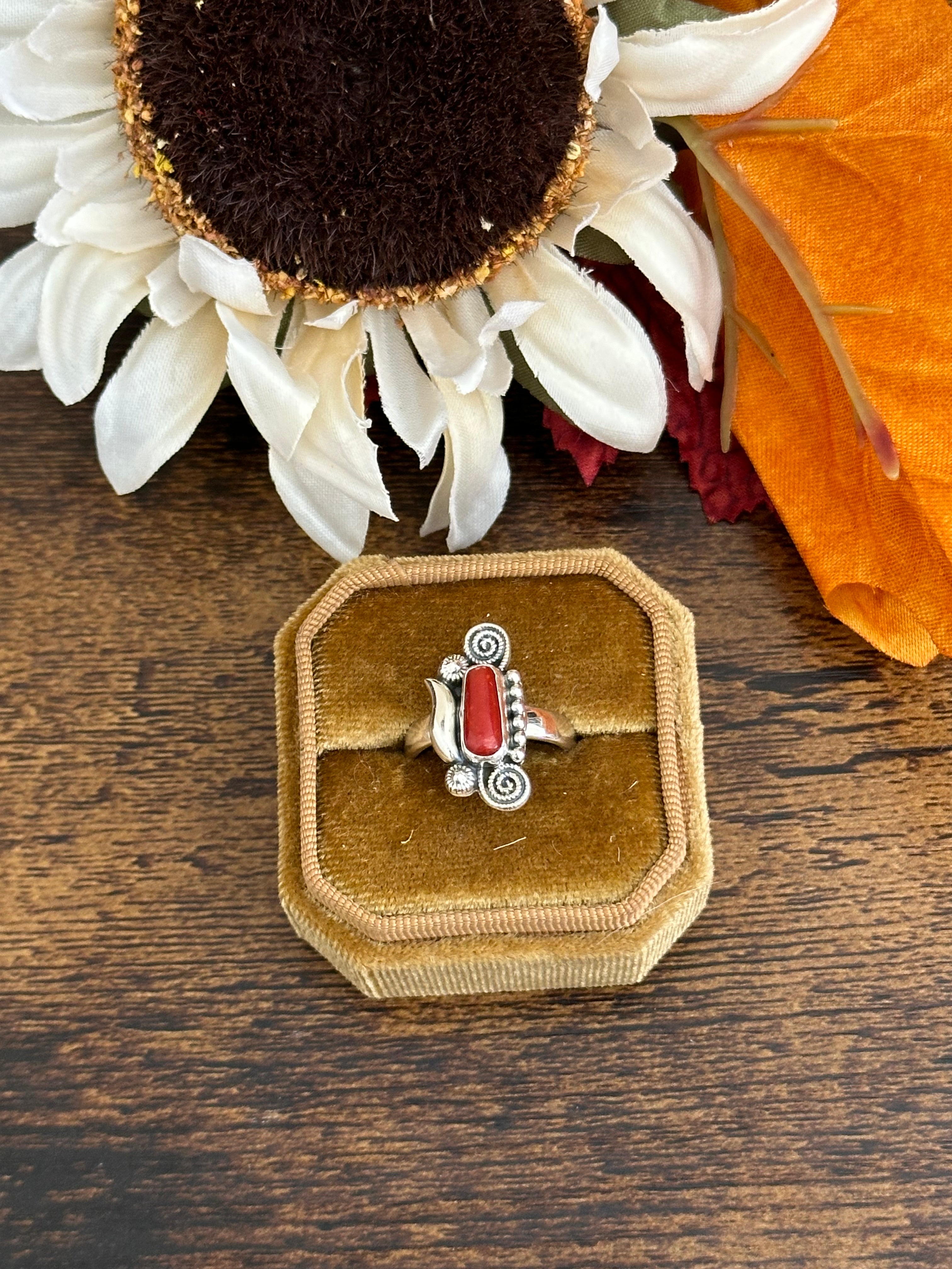 Southwest Handmade Red Coral & Sterling Silver Adjustable Ring