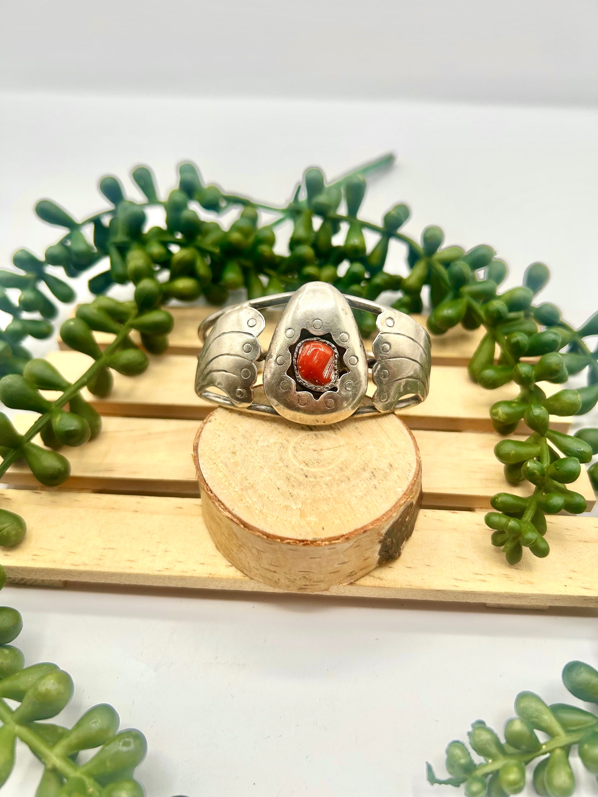 Vintage Navajo Made Red Coral & Sterling Silver Cuff Bracelet
