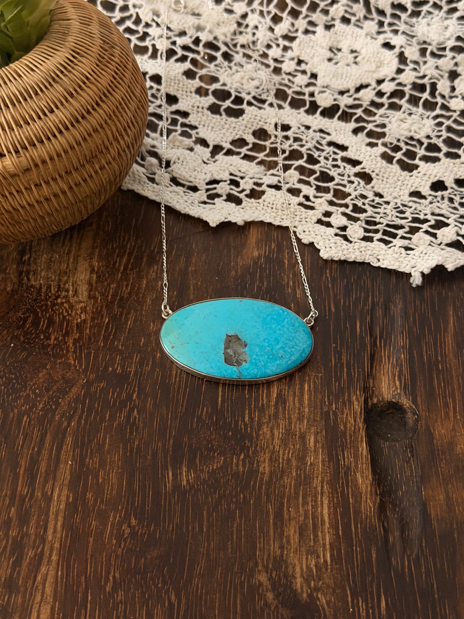 Navajo Made Kingman Turquoise & Sterling Silver Bar Necklace