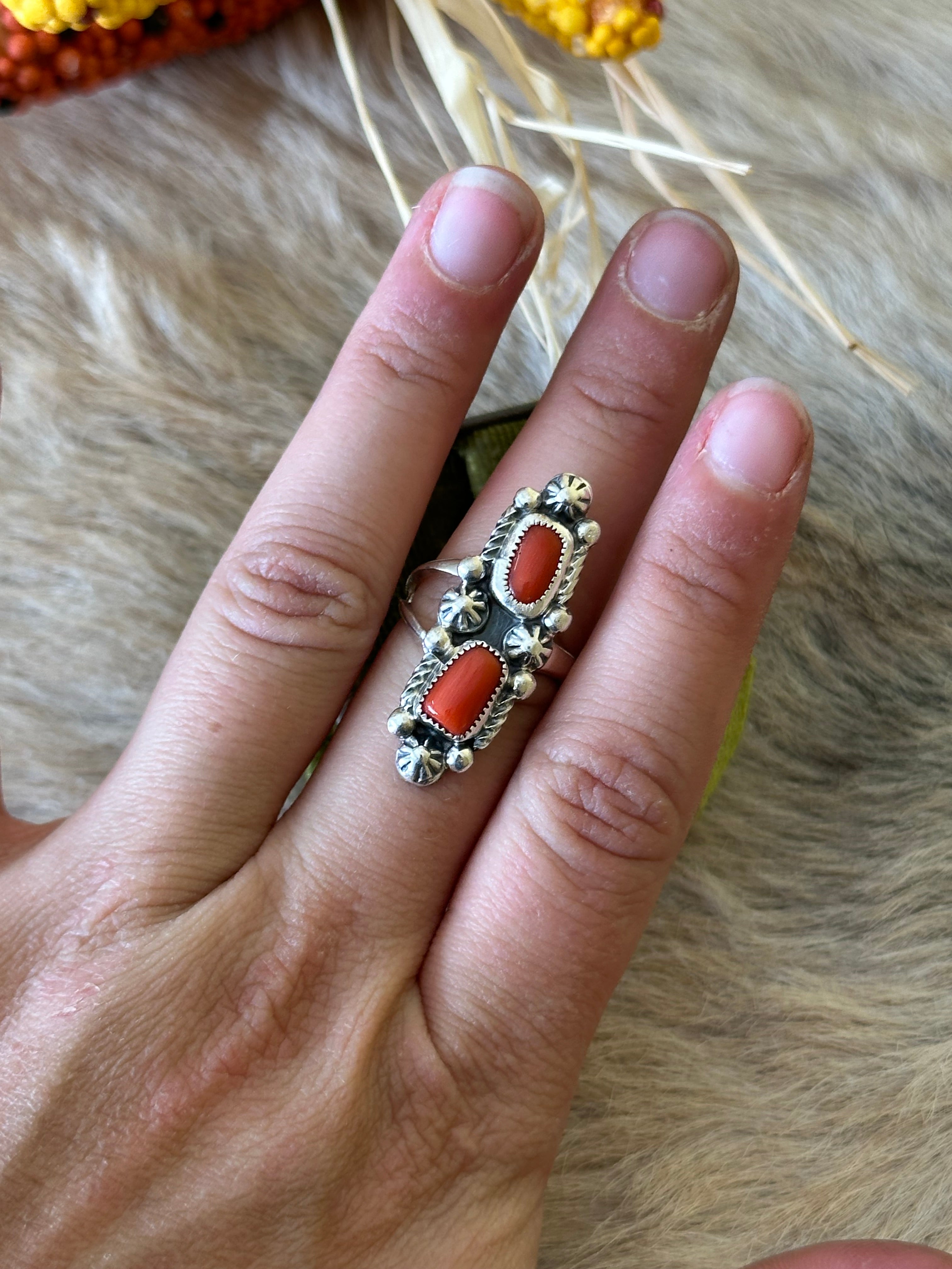 Navajo Made Red Coral & Sterling Silver Adjustable Ring