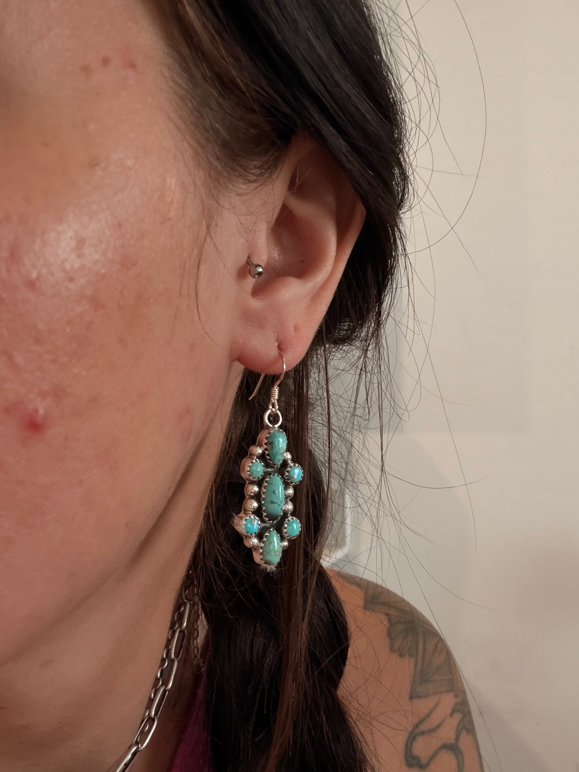 Pearline Spencer Kingman Turquoise & Sterling Silver Dangle Cluster Earrings