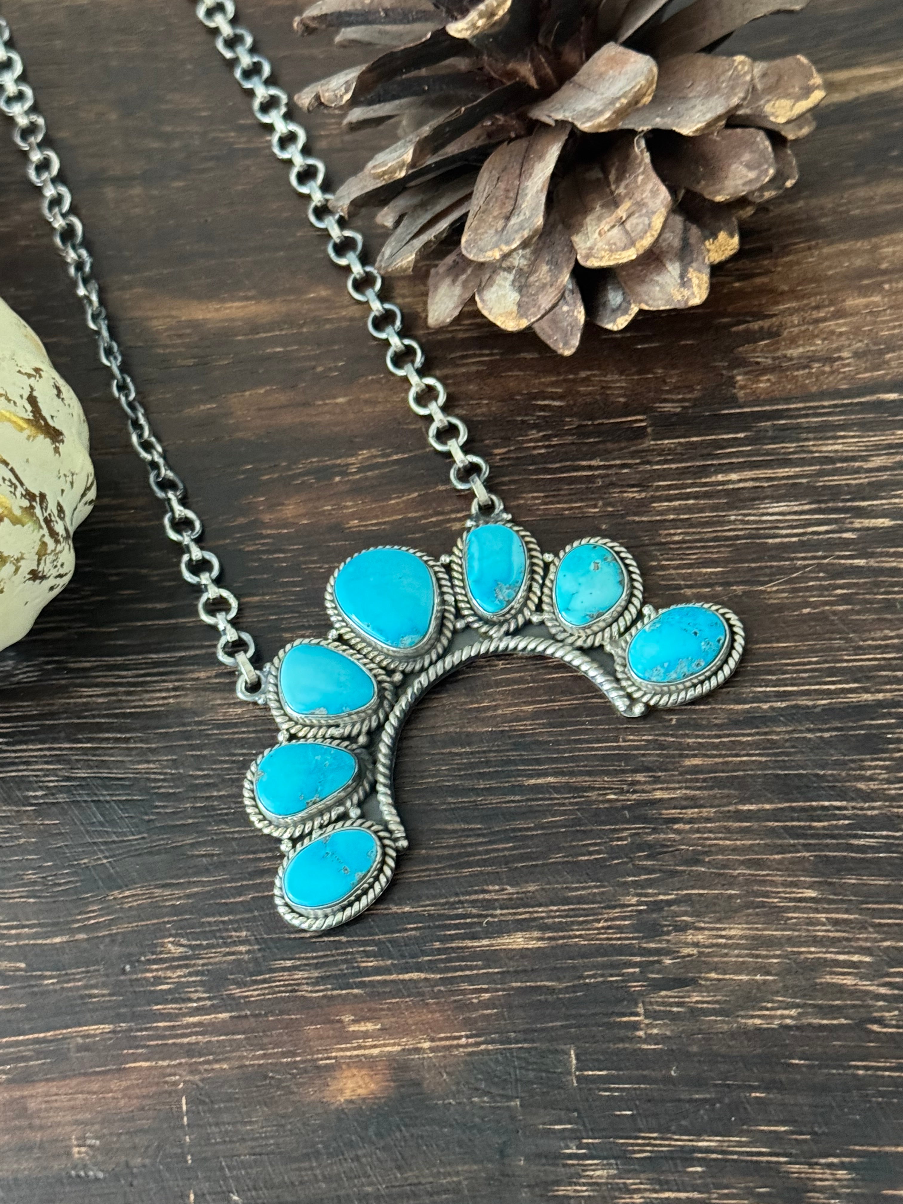 Southwest Valley Blue Turquoise & Sterling Silver Cluster Necklace