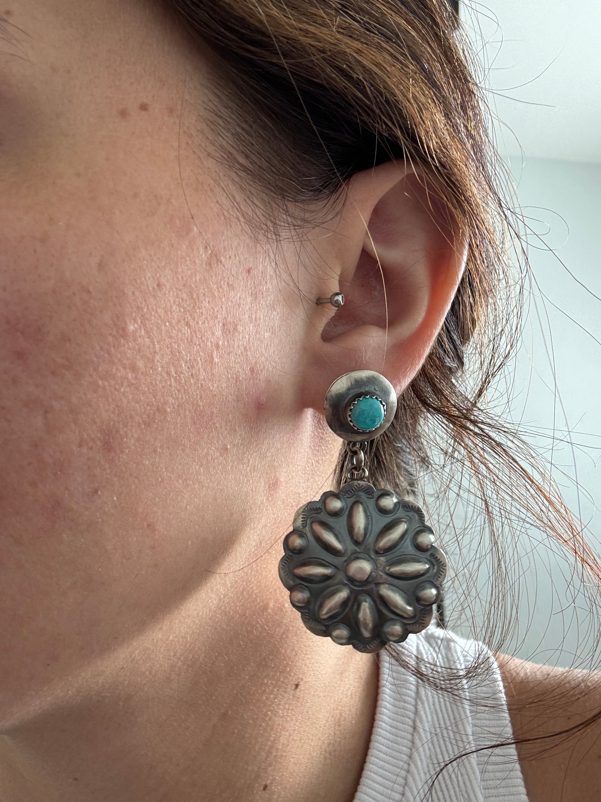 Tim Yazzie Kingman Turquoise & Sterling Silver Post Dangle Concho Earrings