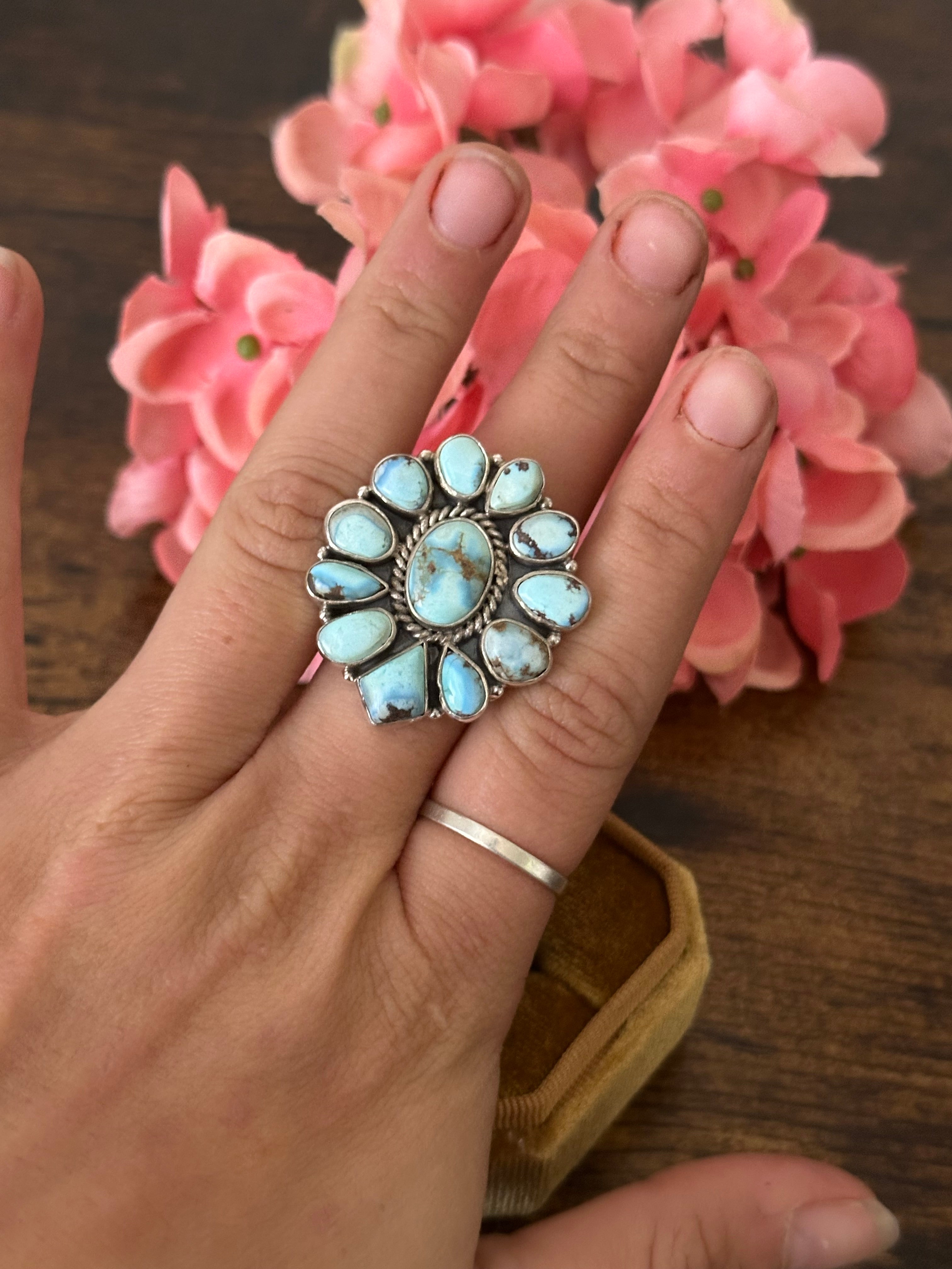 Southwest Handmade Golden Hills Turquoise & Sterling Silver Cluster Adjustable Ring