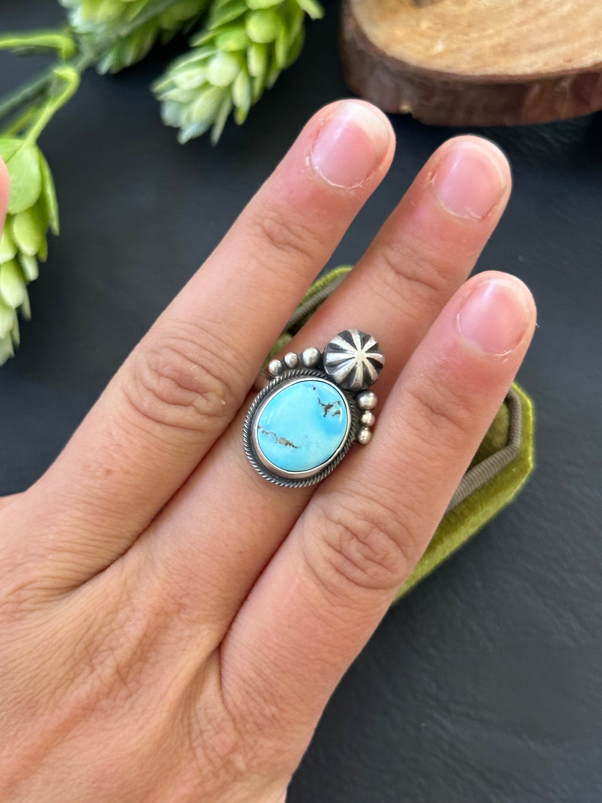 Marie Tsosie Golden Hills Turquoise & Sterling Silver Ring Size 9