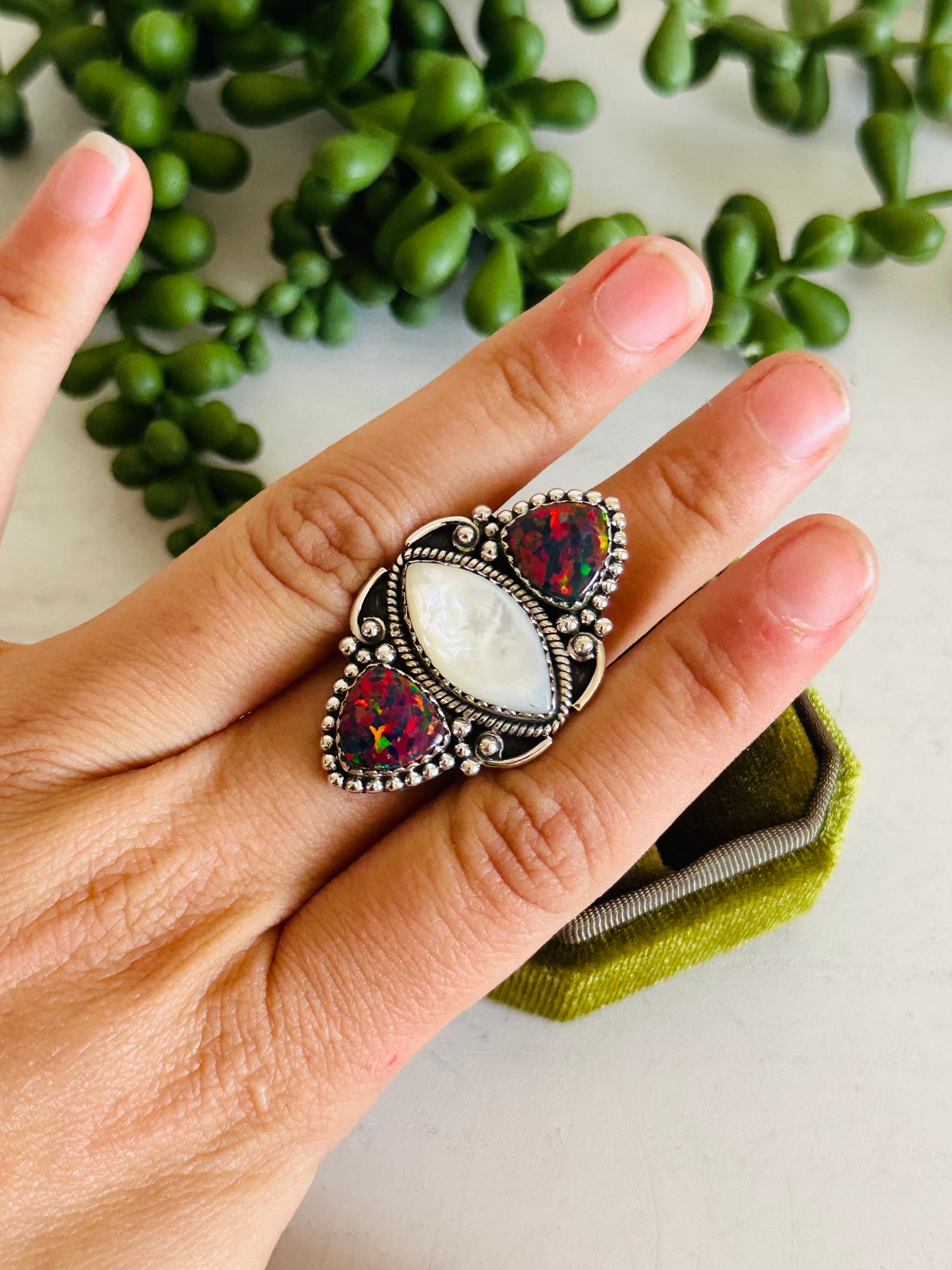 Southwest Handmade Multi Stone & Sterling Silver Adjustable Cluster Ring