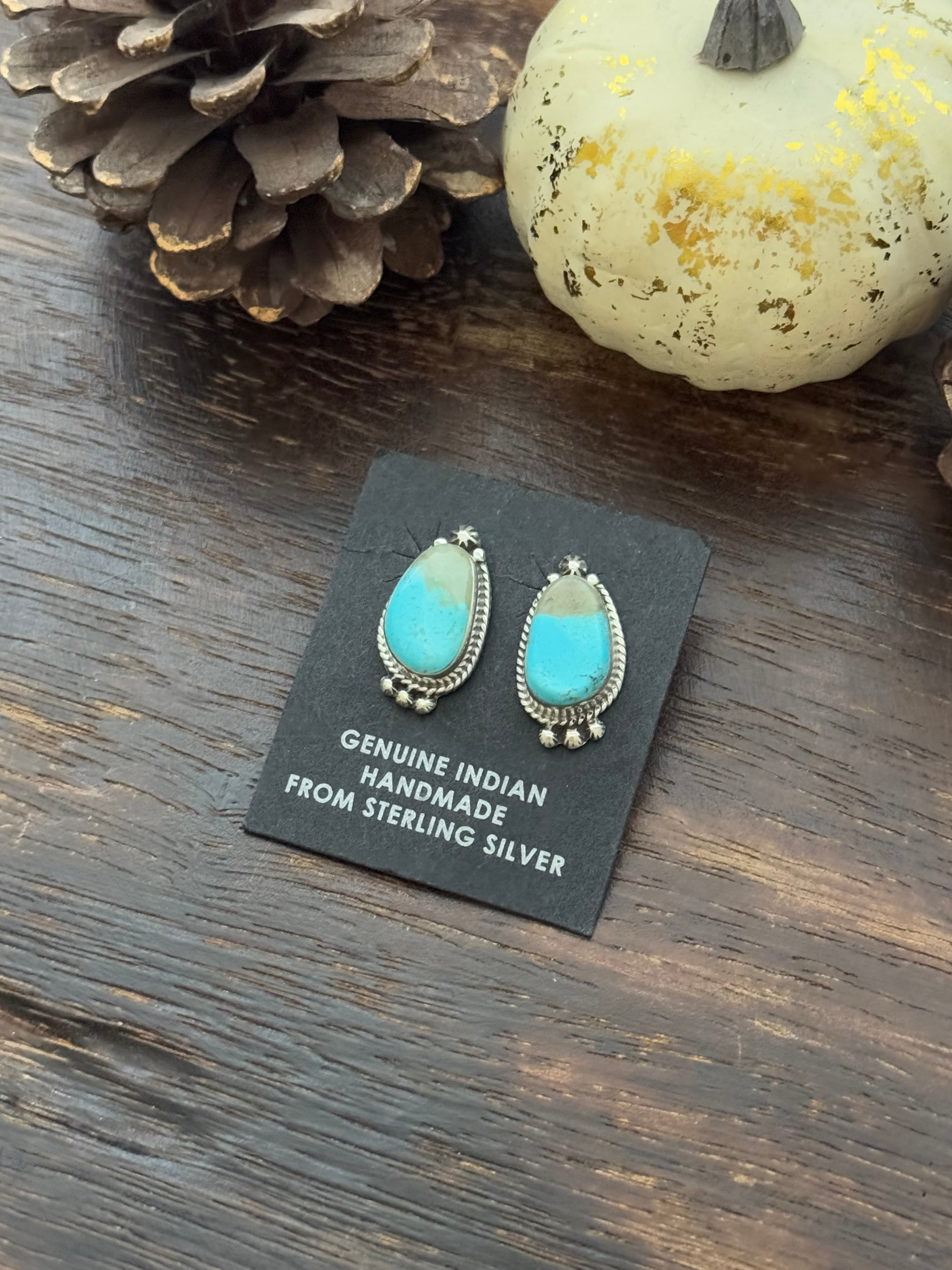 Navajo Made Kingman Turquoise & Sterling Silver Post Earrings