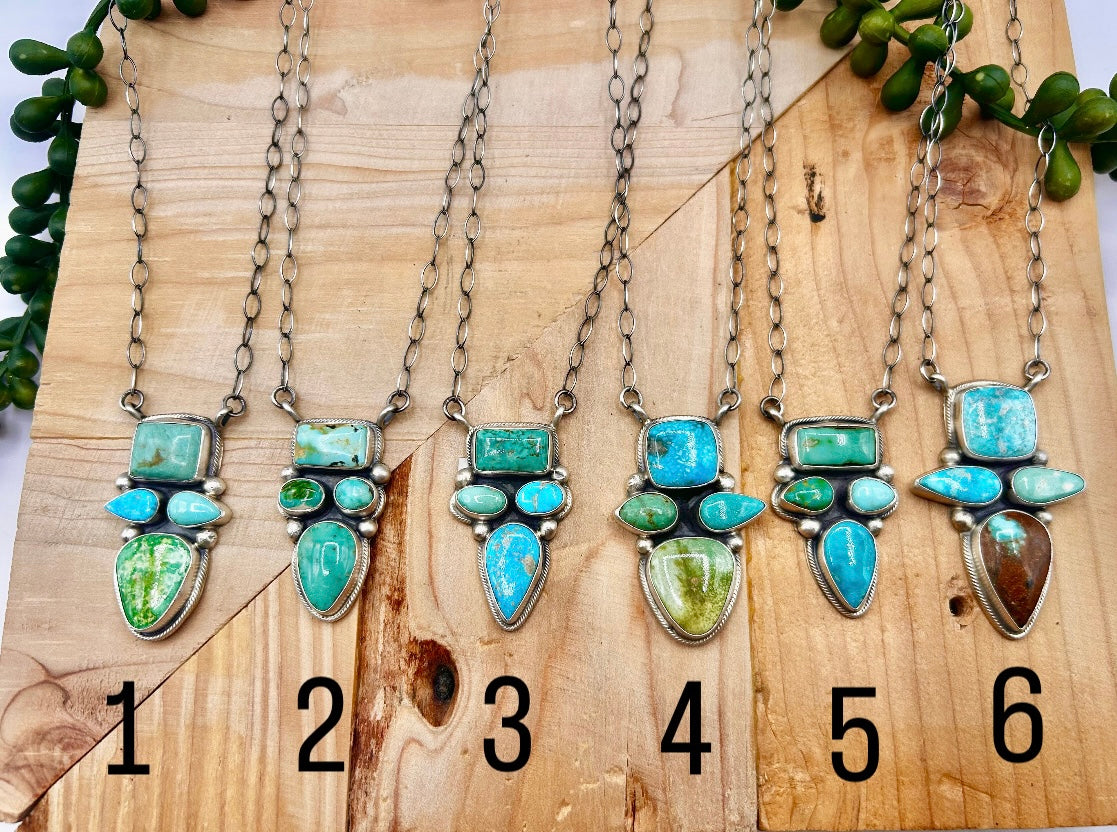 Navajo Made Mixed Turquoise & Sterling Silver Cluster Necklace