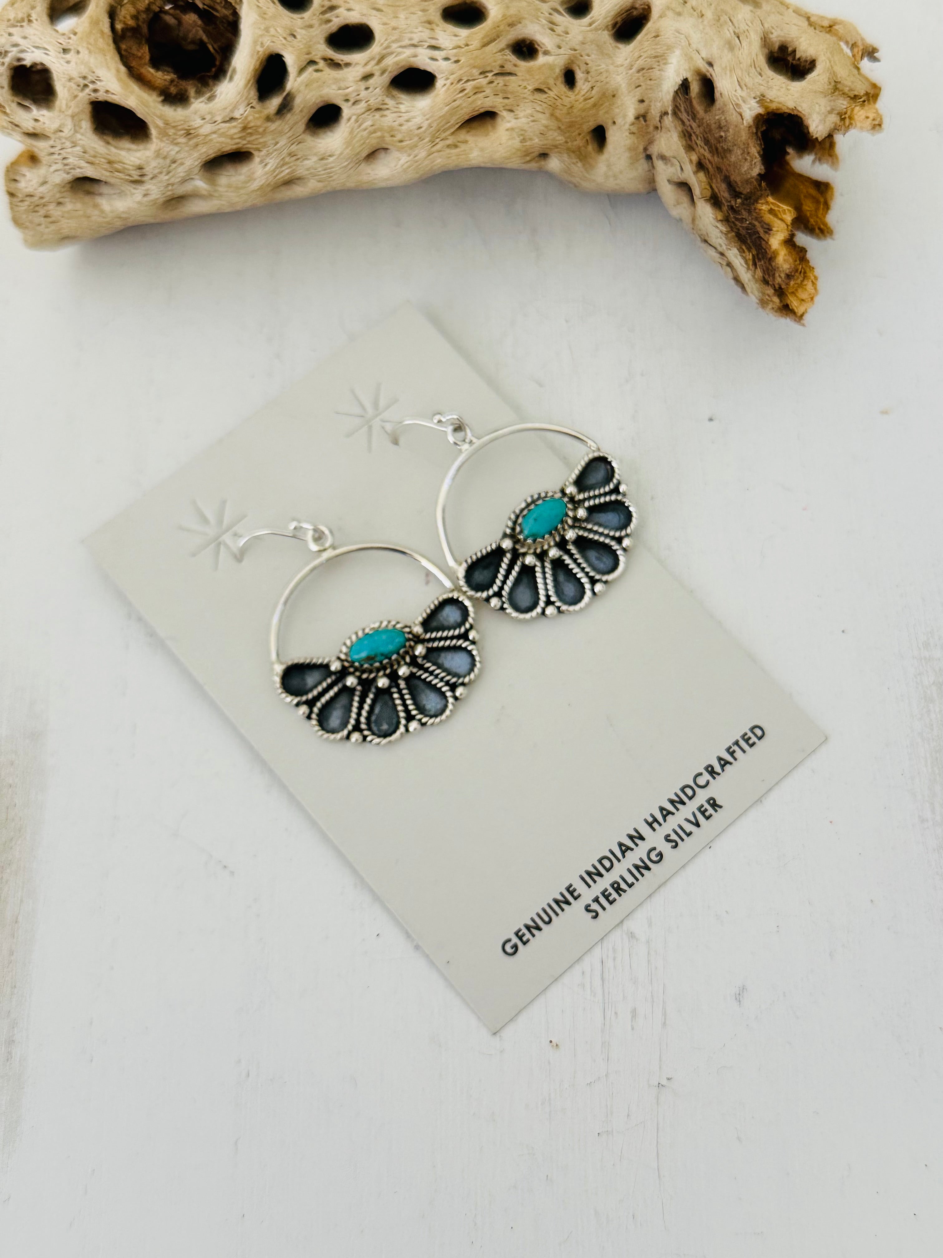 Southwest Handmade Kingman Turquoise & Sterling Silver Half Flower Dangle Earrings