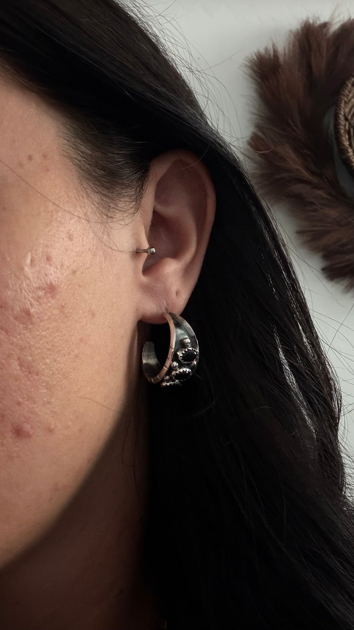 Navajo Handmade Onyx & Sterling Silver Post Dangle Hoop Earrings